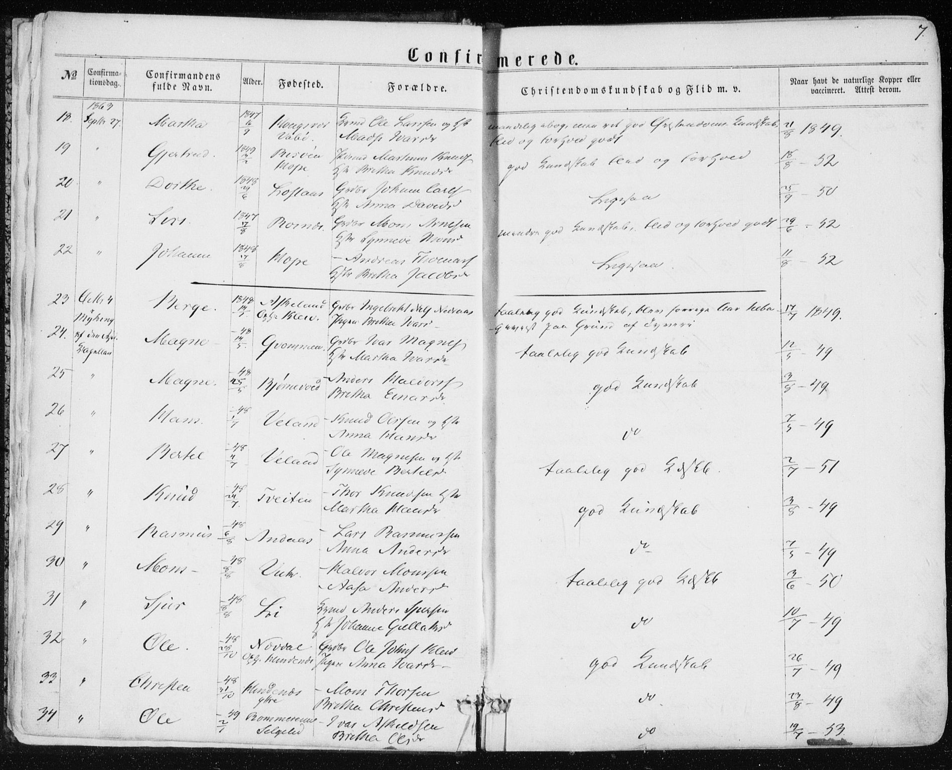 Lindås Sokneprestembete, SAB/A-76701/H/Haa: Parish register (official) no. A 16, 1863-1875, p. 7