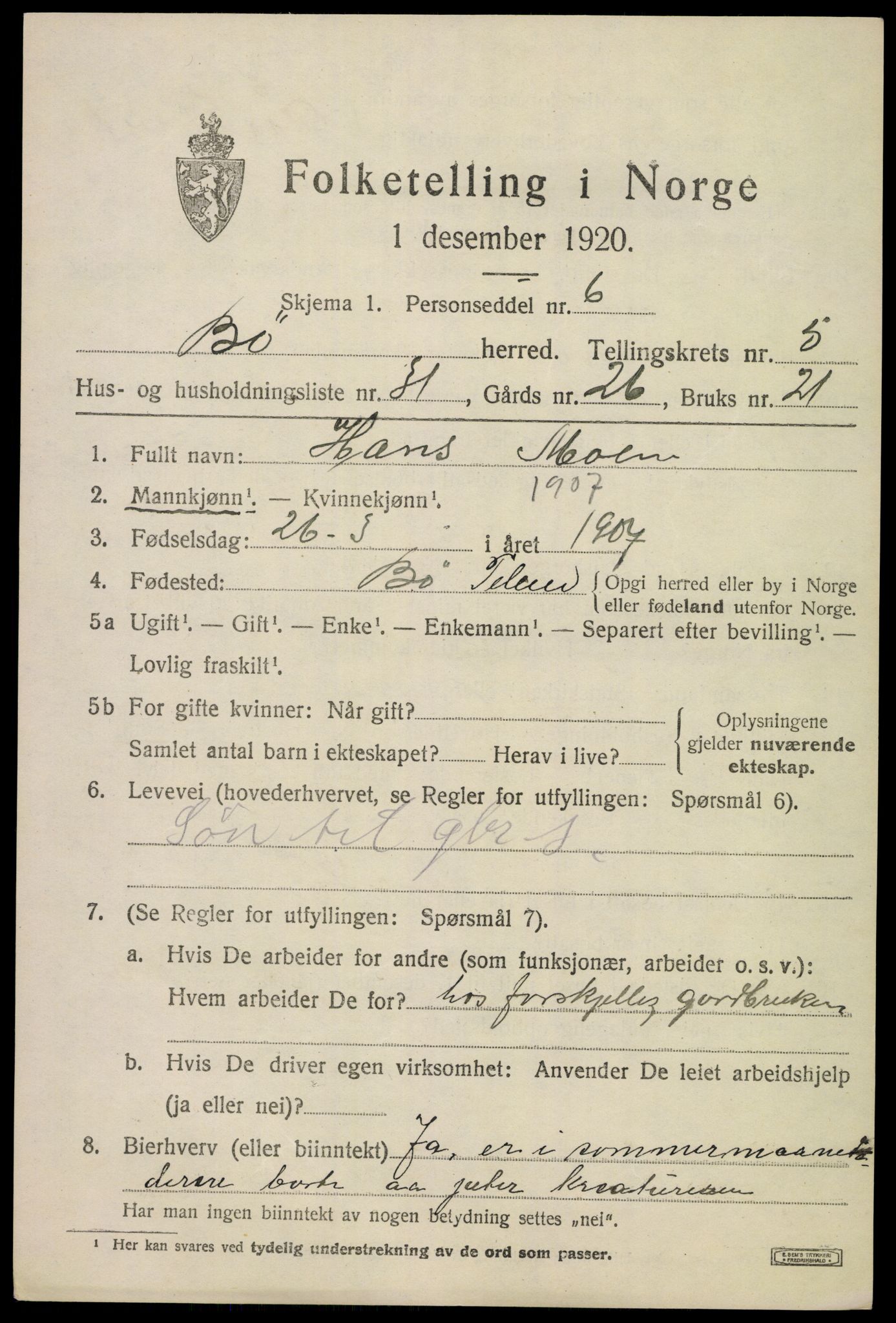 SAKO, 1920 census for Bø (Telemark), 1920, p. 4020