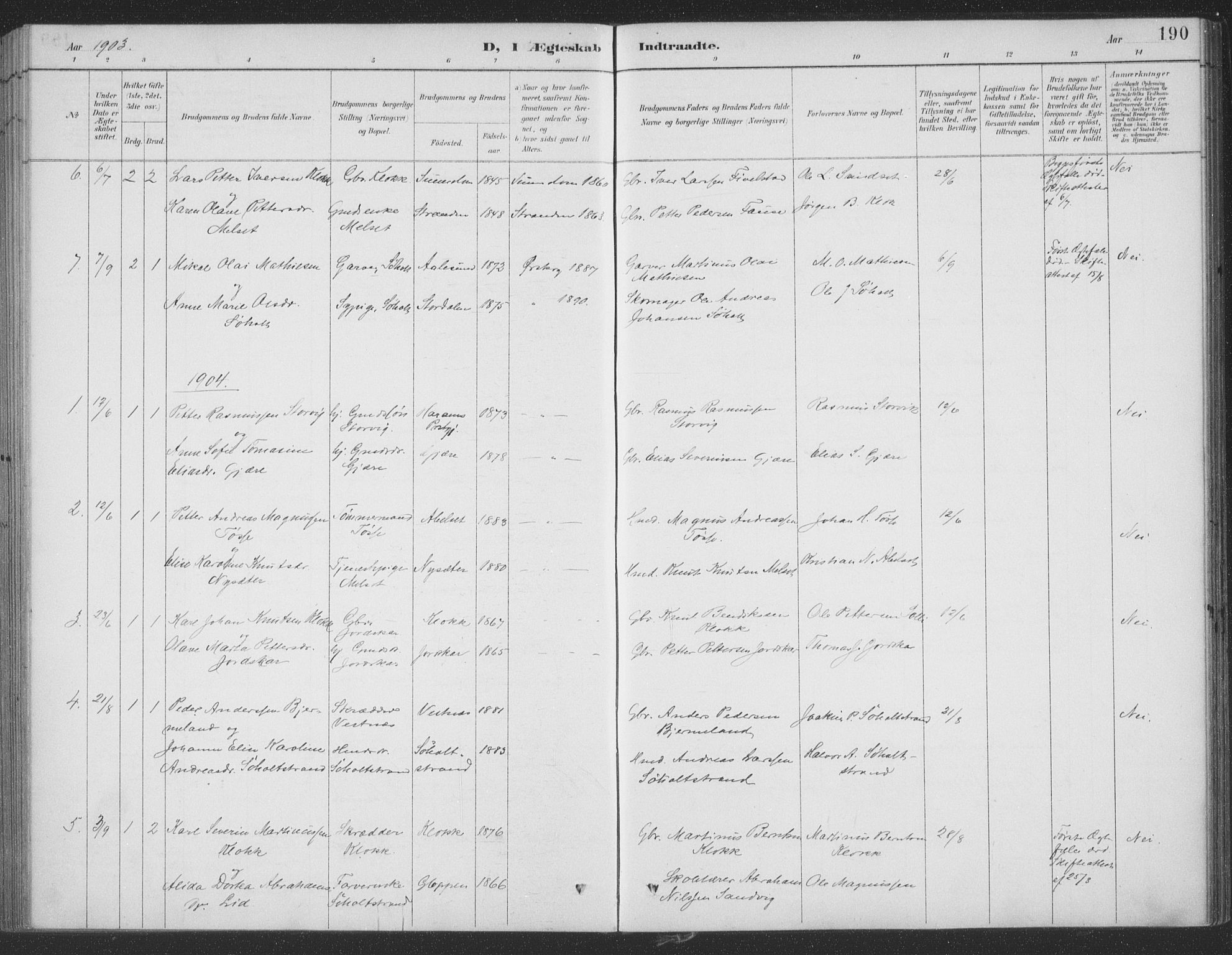 Ministerialprotokoller, klokkerbøker og fødselsregistre - Møre og Romsdal, SAT/A-1454/522/L0316: Parish register (official) no. 522A11, 1890-1911, p. 190