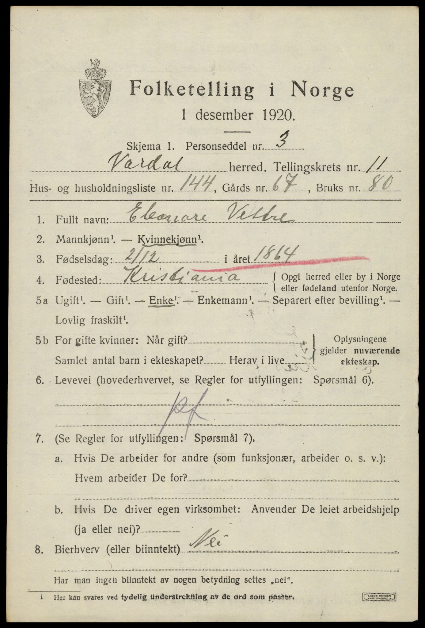 SAH, 1920 census for Vardal, 1920, p. 13131