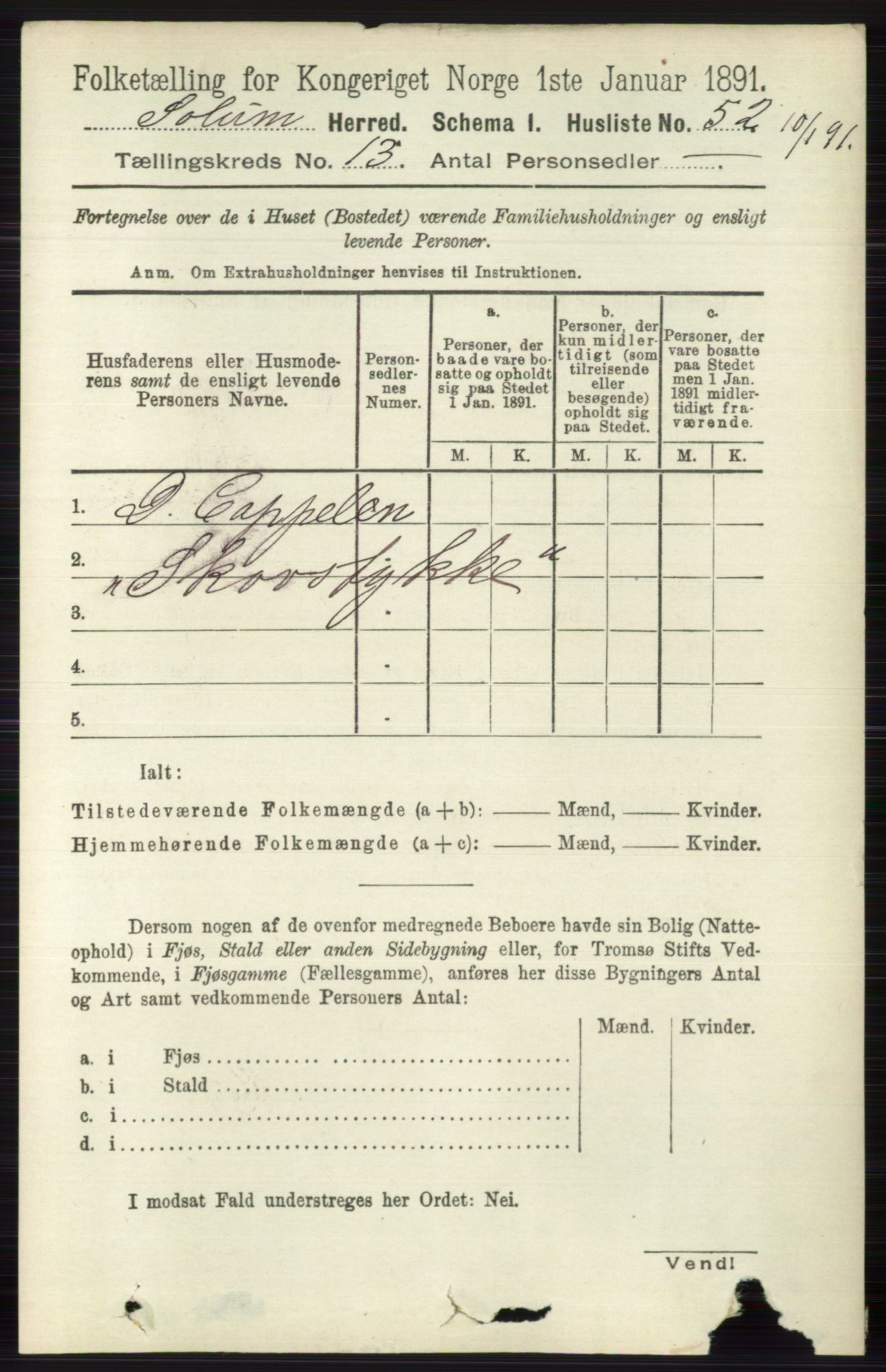 RA, 1891 census for 0818 Solum, 1891, p. 6054