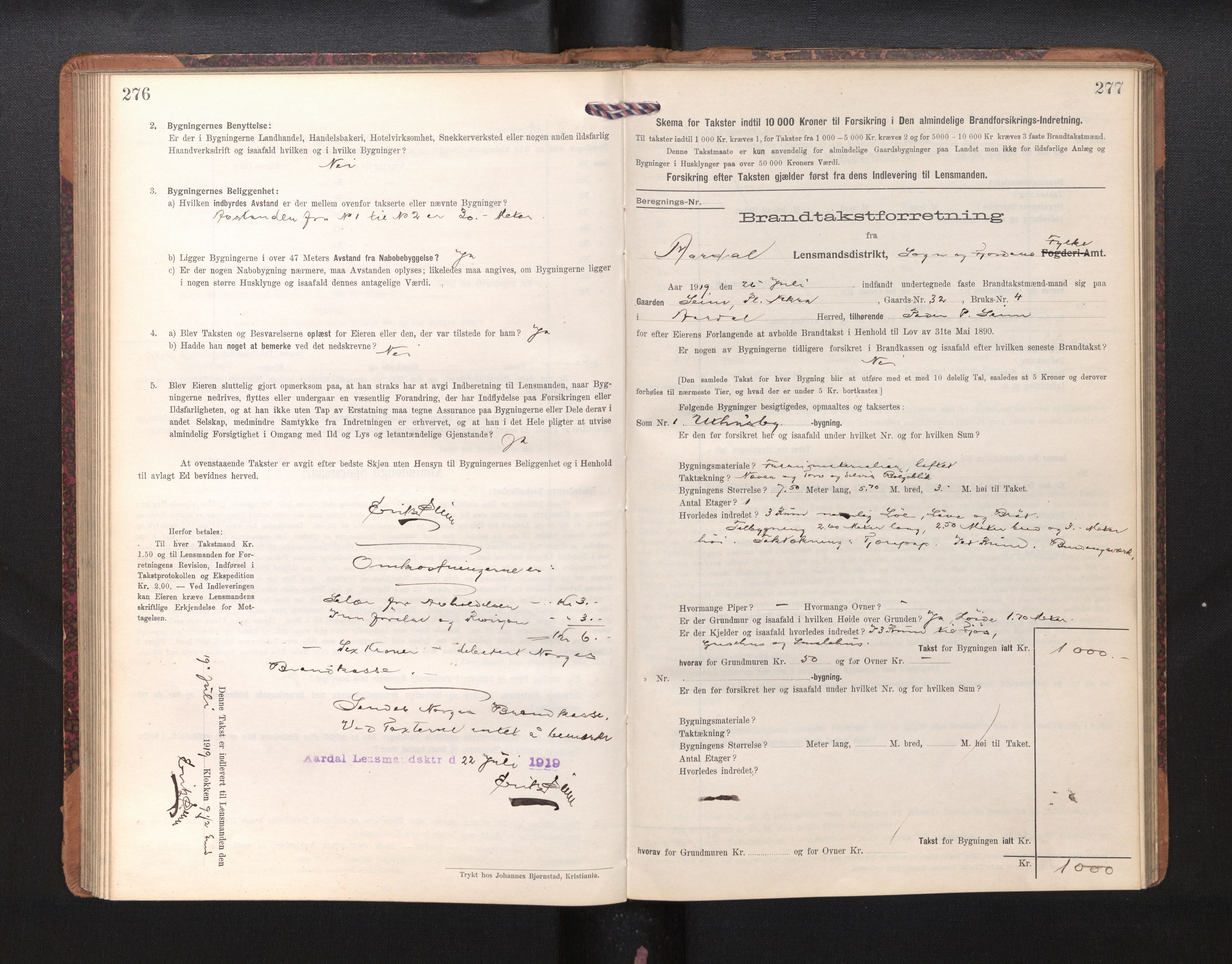 Lensmannen i Årdal, AV/SAB-A-30501/0012/L0009: Branntakstprotokoll, skjematakst, 1914-1926, p. 276-277