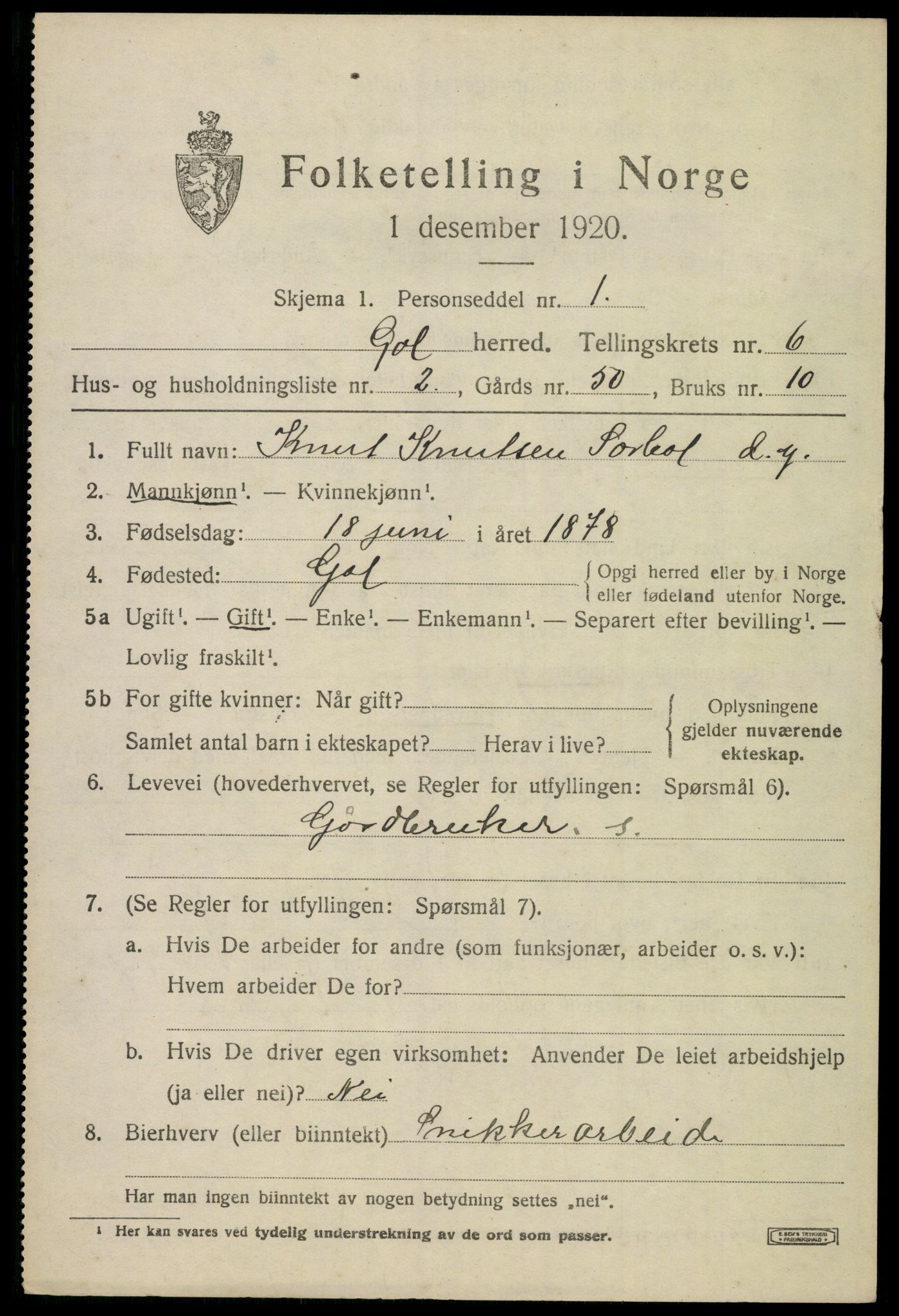 SAKO, 1920 census for Gol, 1920, p. 4586