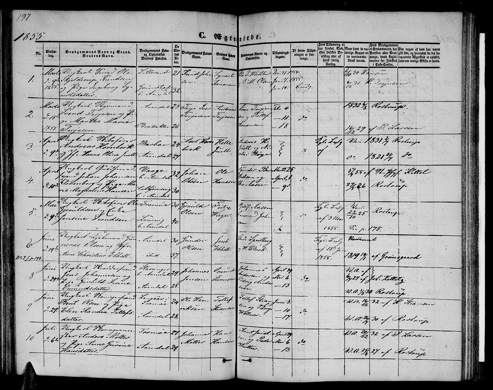 Arendal sokneprestkontor, Trefoldighet, SAK/1111-0040/F/Fb/L0002: Parish register (copy) no. B 2, 1838-1860, p. 197