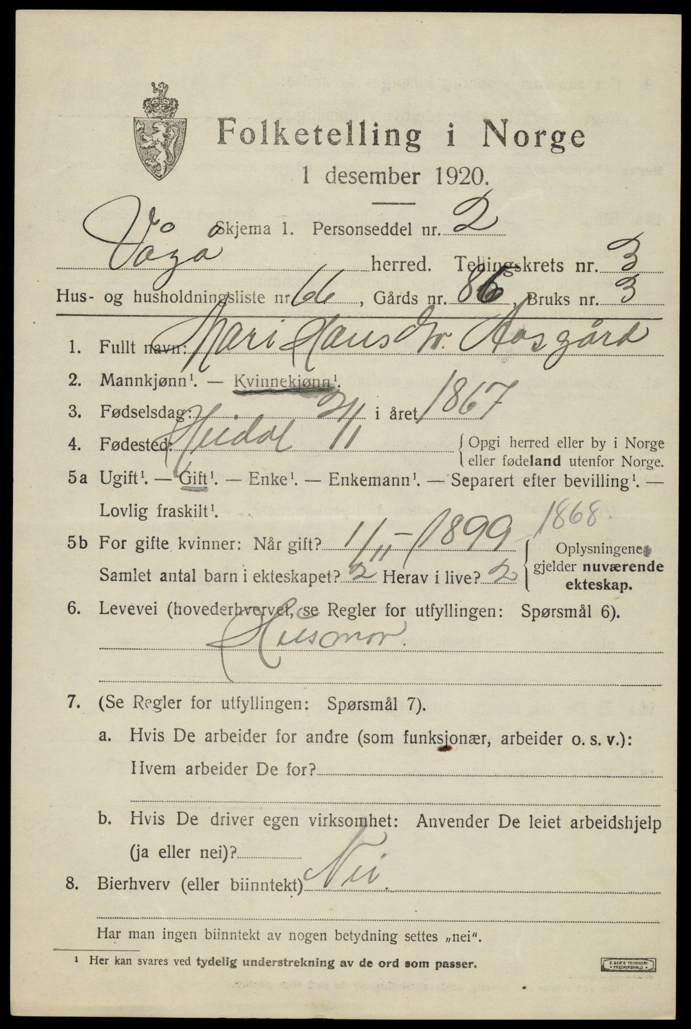 SAH, 1920 census for Vågå, 1920, p. 3380