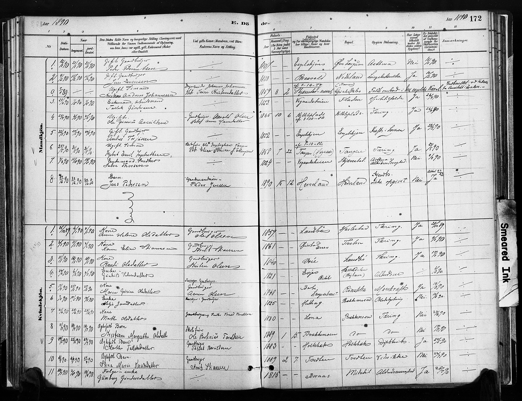 Austre Moland sokneprestkontor, SAK/1111-0001/F/Fa/Faa/L0010: Parish register (official) no. A 10, 1880-1904, p. 172