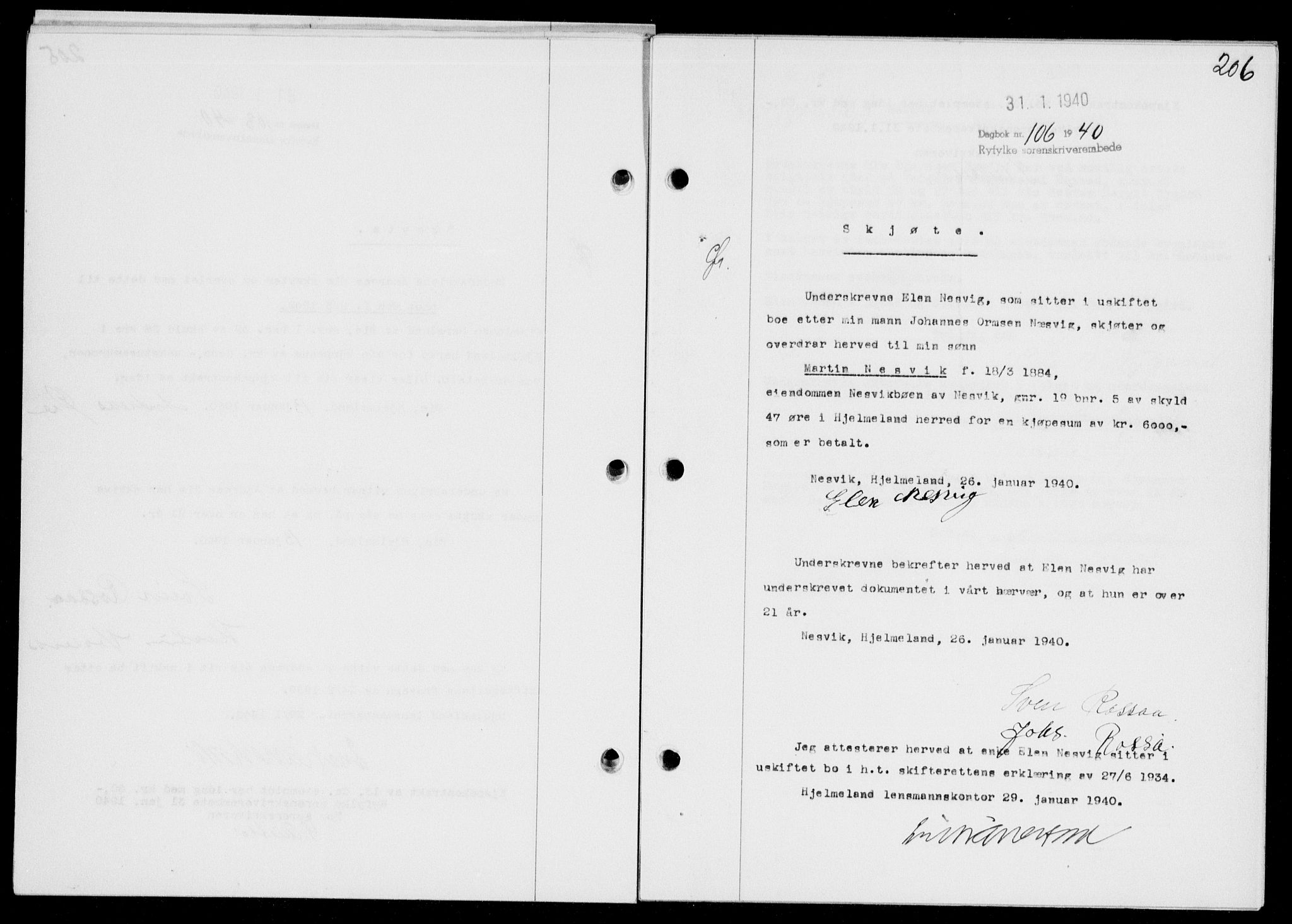 Ryfylke tingrett, SAST/A-100055/001/II/IIB/L0081: Mortgage book no. 60, 1939-1940, Diary no: : 106/1940