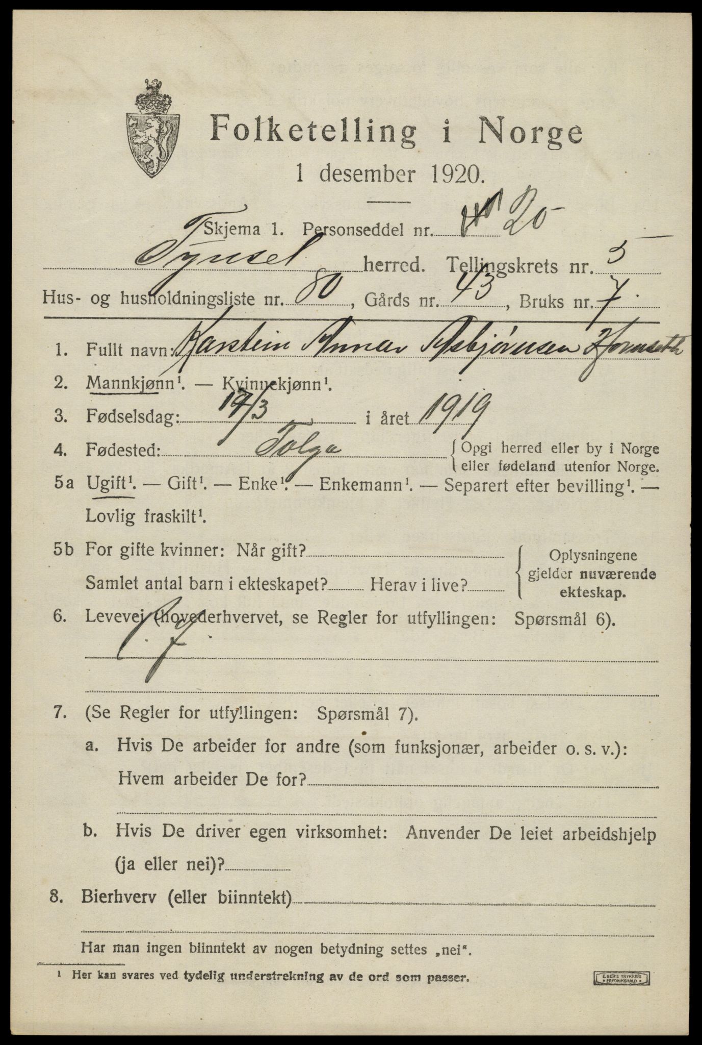 SAH, 1920 census for Tynset, 1920, p. 5462