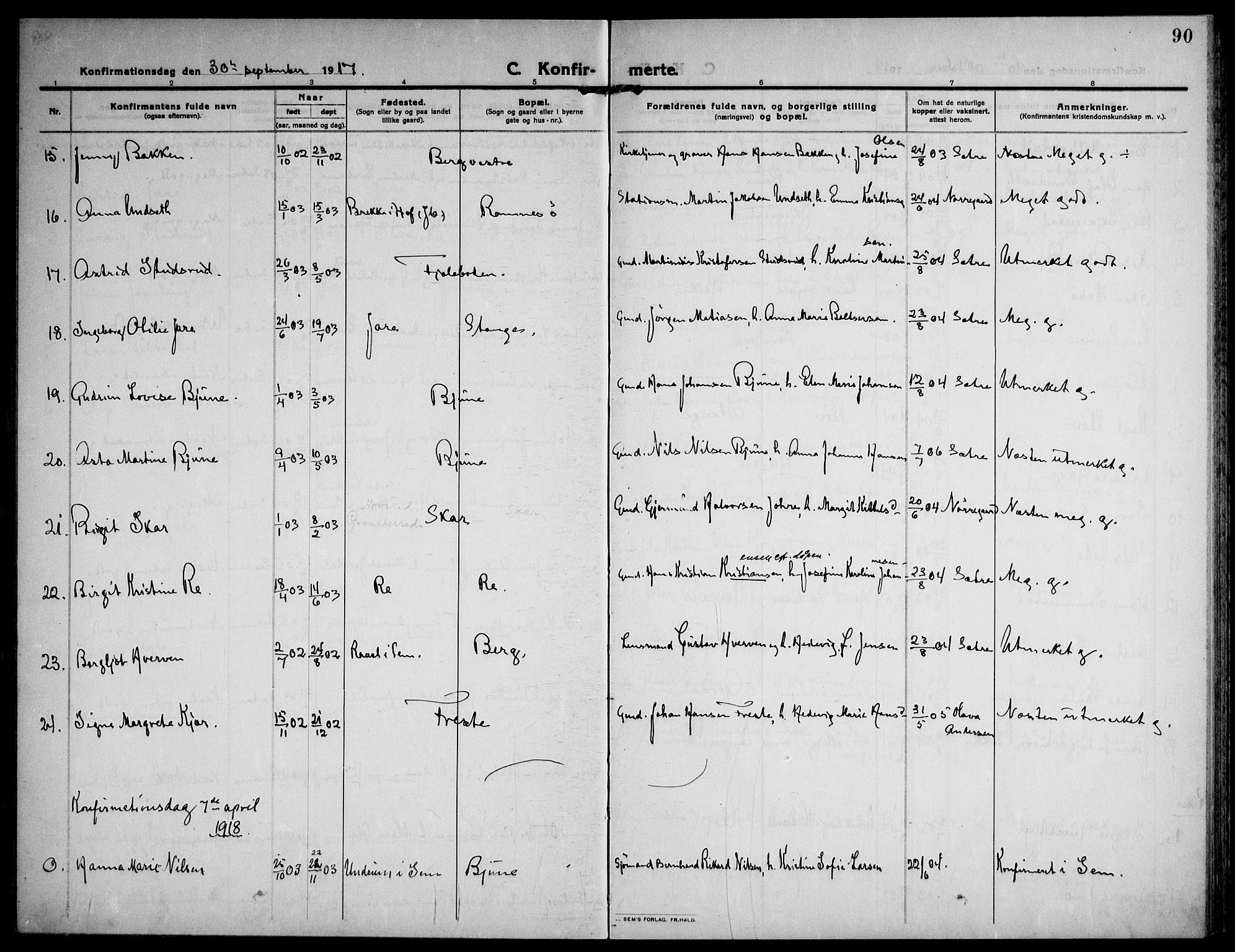 Ramnes kirkebøker, SAKO/A-314/F/Fa/L0009: Parish register (official) no. I 9, 1912-1929, p. 90