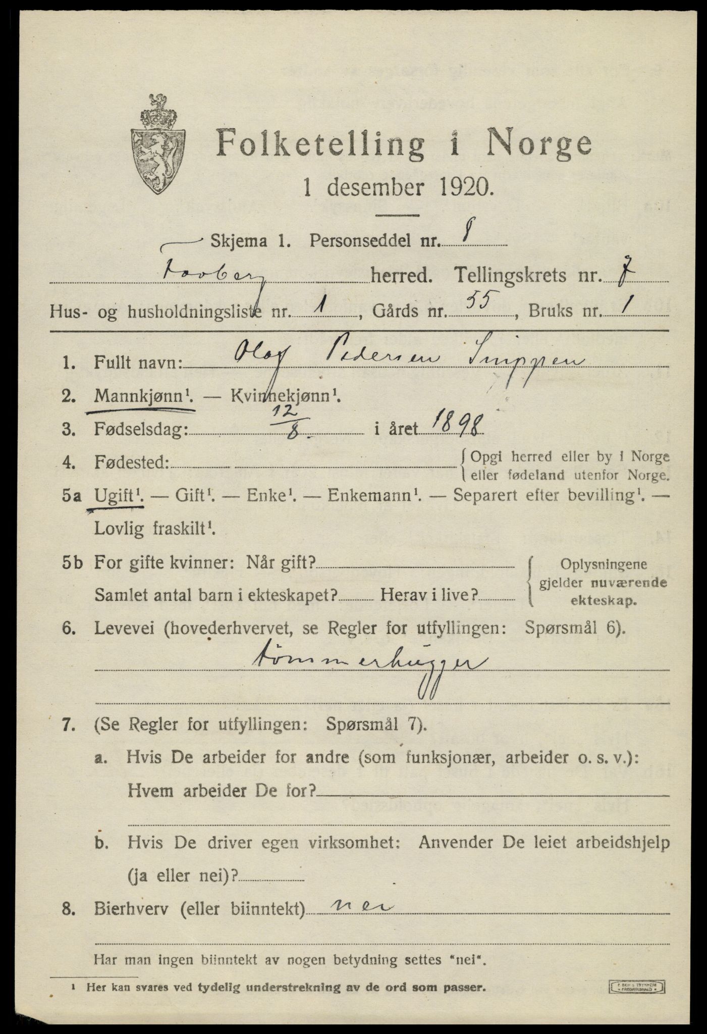 SAH, 1920 census for Fåberg, 1920, p. 7644