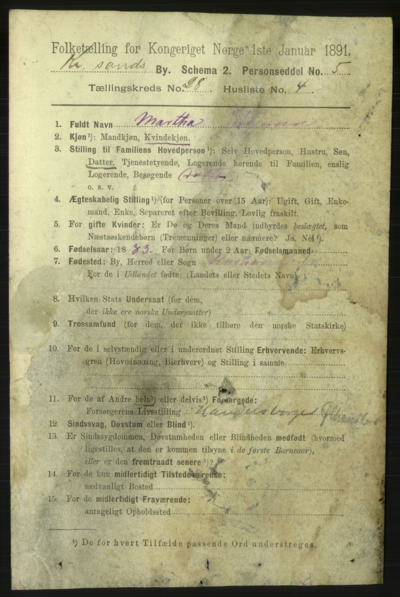 RA, 1891 census for 1001 Kristiansand, 1891, p. 9530