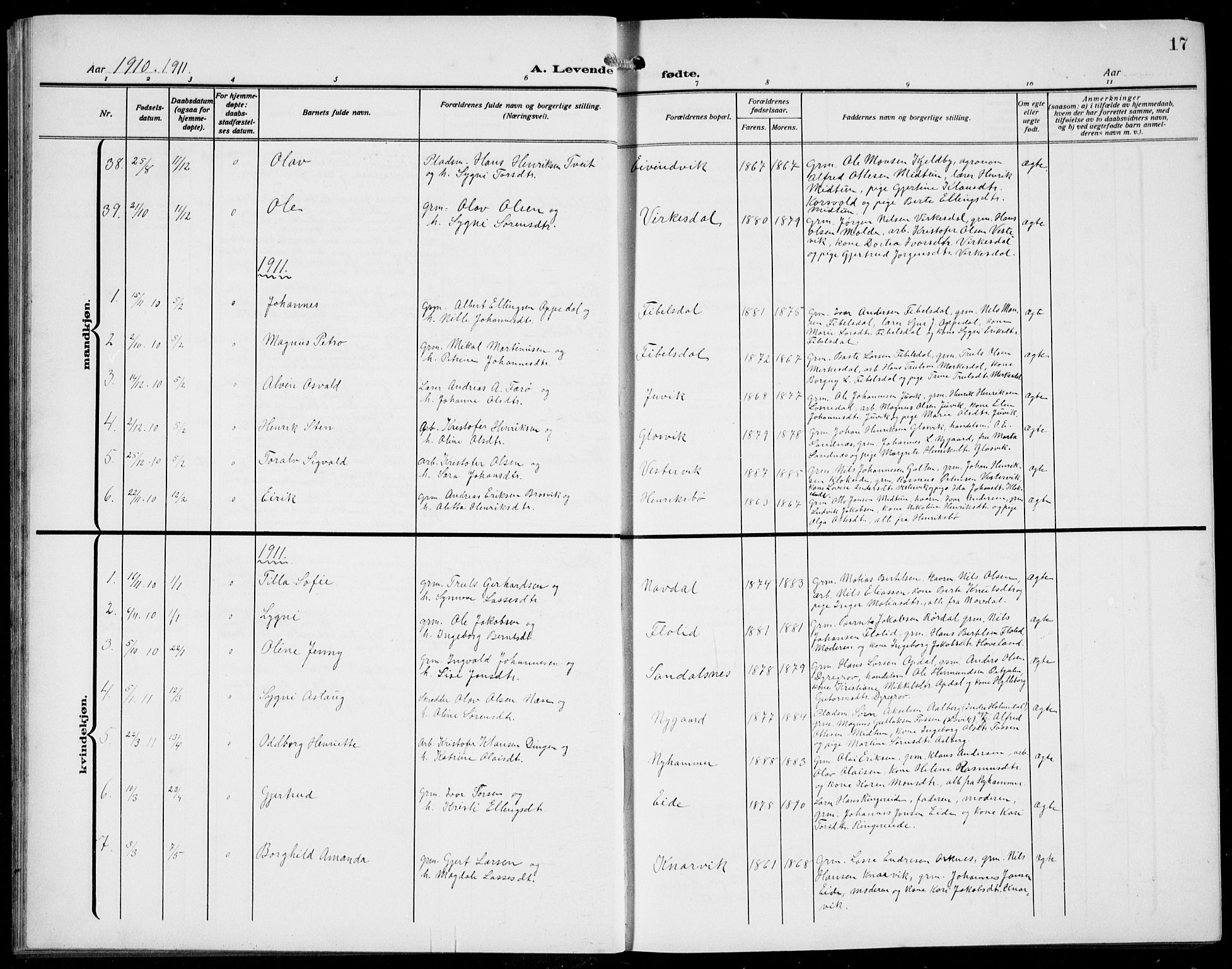 Gulen sokneprestembete, AV/SAB-A-80201/H/Hab/Habb/L0004: Parish register (copy) no. B 4, 1908-1936, p. 17