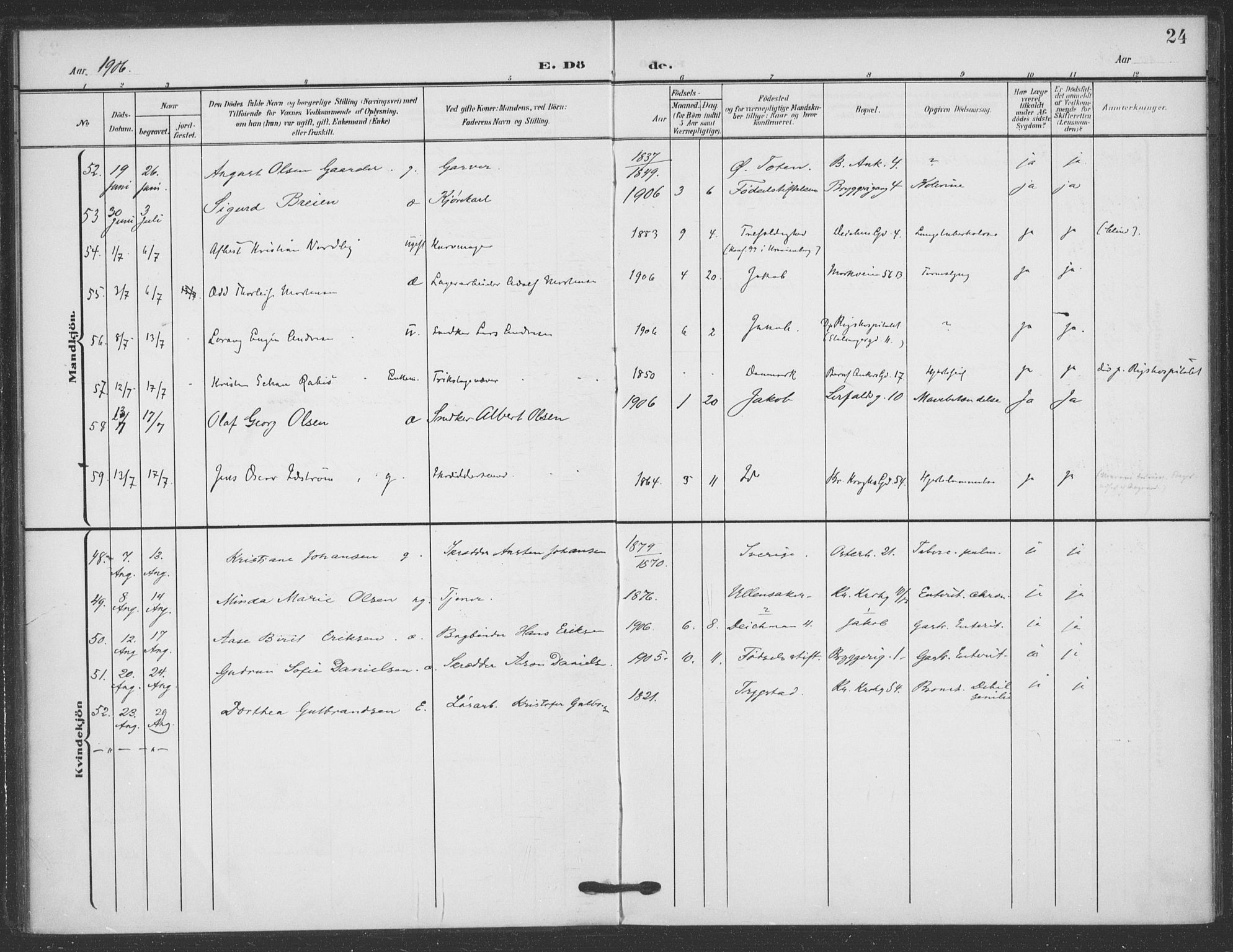 Jakob prestekontor Kirkebøker, AV/SAO-A-10850/F/Fa/L0011: Parish register (official) no. 11, 1906-1920, p. 24