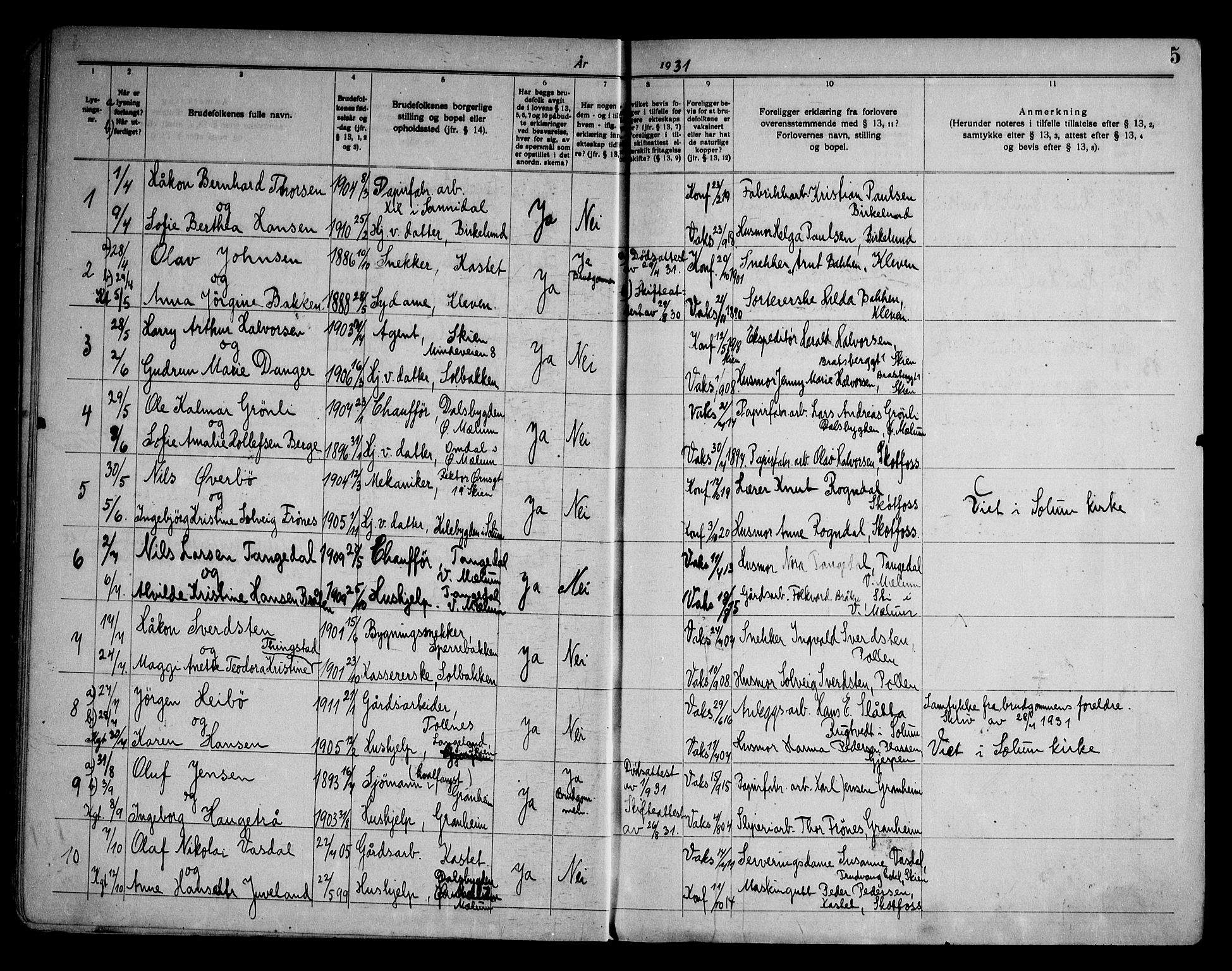 Solum kirkebøker, AV/SAKO-A-306/H/Hb/L0001: Banns register no. II 1, 1929-1963, p. 5
