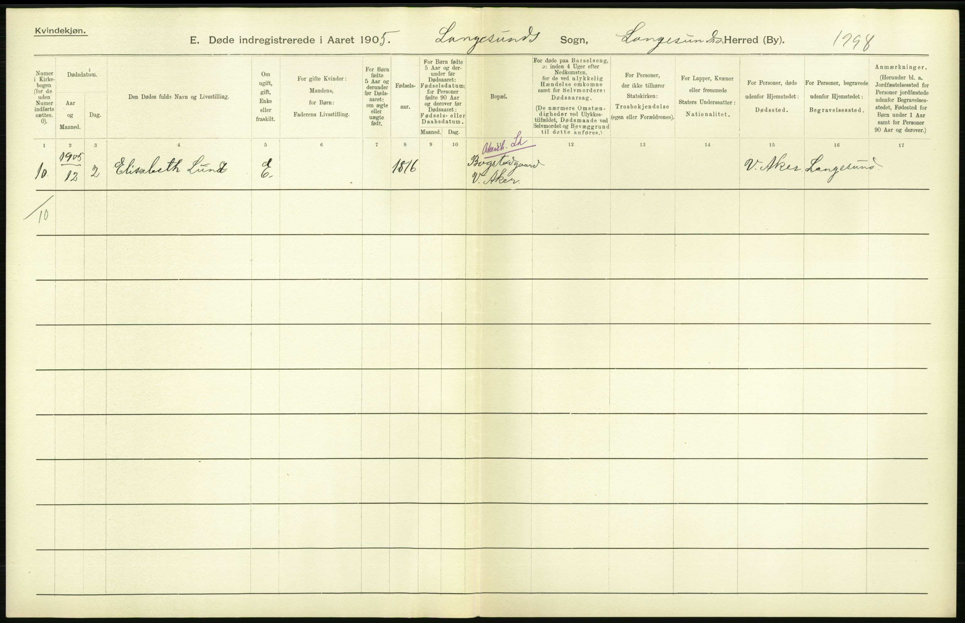 Statistisk sentralbyrå, Sosiodemografiske emner, Befolkning, AV/RA-S-2228/D/Df/Dfa/Dfac/L0043: Bratsberg - Lister og Mandals amt: Levendefødte menn og kvinner, gifte, døde, dødfødte. Byer., 1905, p. 228