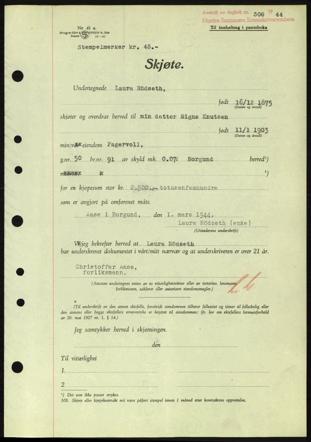 Nordre Sunnmøre sorenskriveri, AV/SAT-A-0006/1/2/2C/2Ca: Mortgage book no. A17, 1943-1944, Diary no: : 306/1944