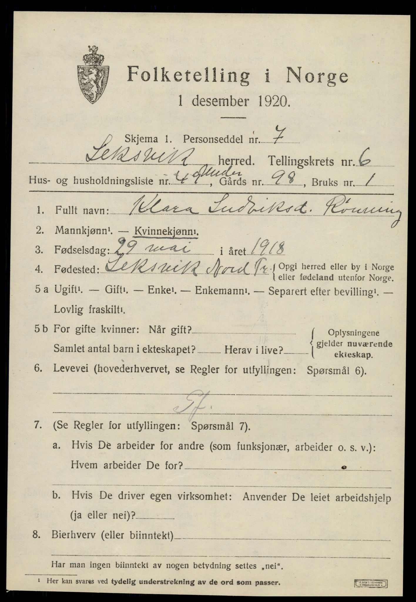 SAT, 1920 census for Leksvik, 1920, p. 6014