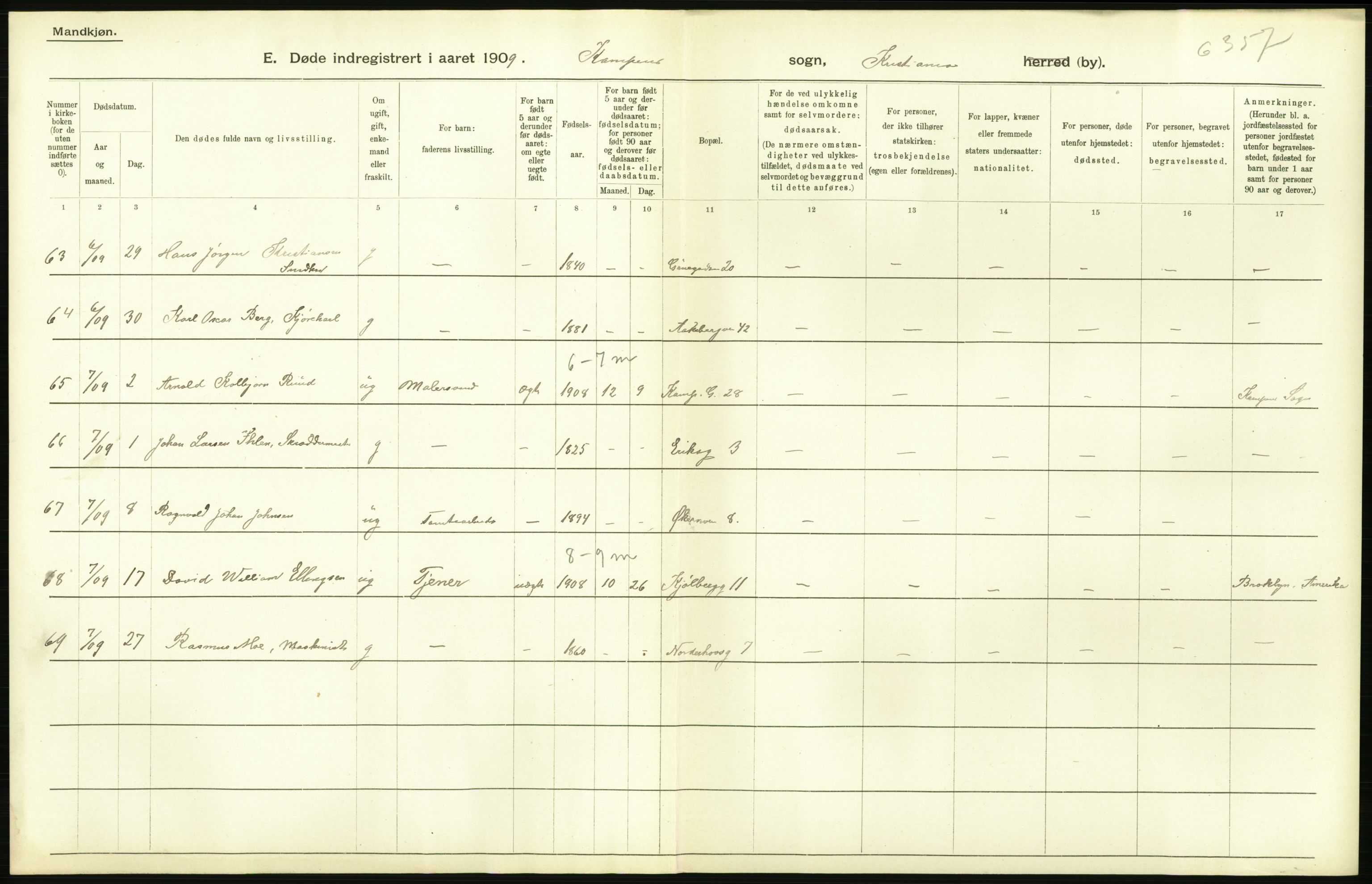 Statistisk sentralbyrå, Sosiodemografiske emner, Befolkning, AV/RA-S-2228/D/Df/Dfa/Dfag/L0010: Kristiania: Døde, dødfødte., 1909, p. 14