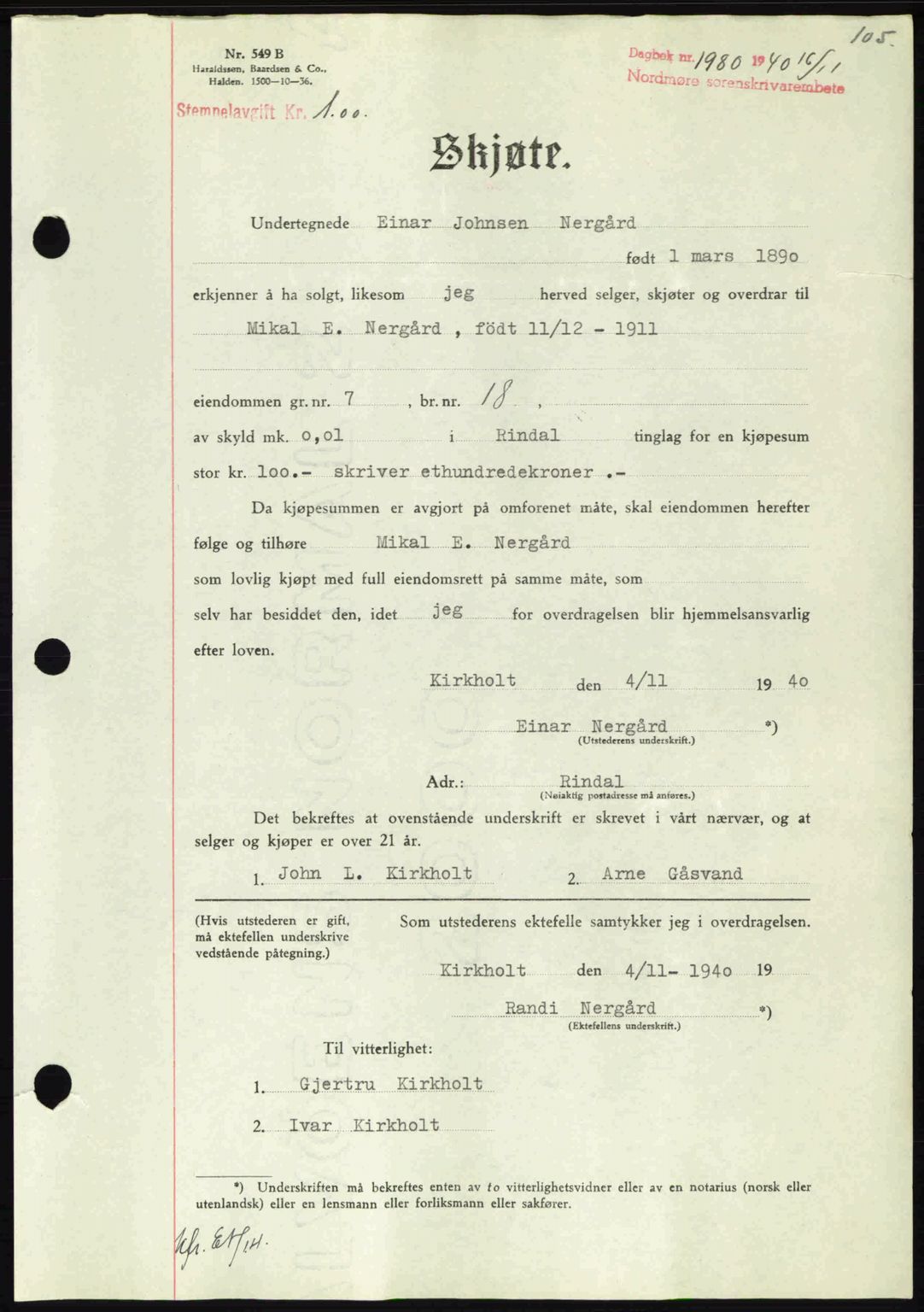 Nordmøre sorenskriveri, SAT/A-4132/1/2/2Ca: Mortgage book no. A89, 1940-1941, Diary no: : 1980/1940