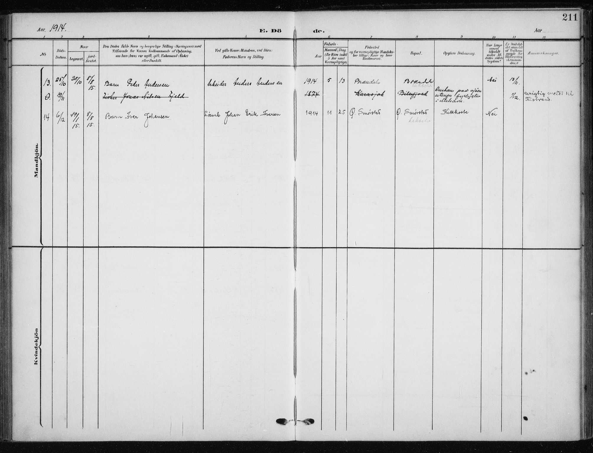 Kistrand/Porsanger sokneprestembete, AV/SATØ-S-1351/H/Ha/L0014.kirke: Parish register (official) no. 14, 1908-1917, p. 211