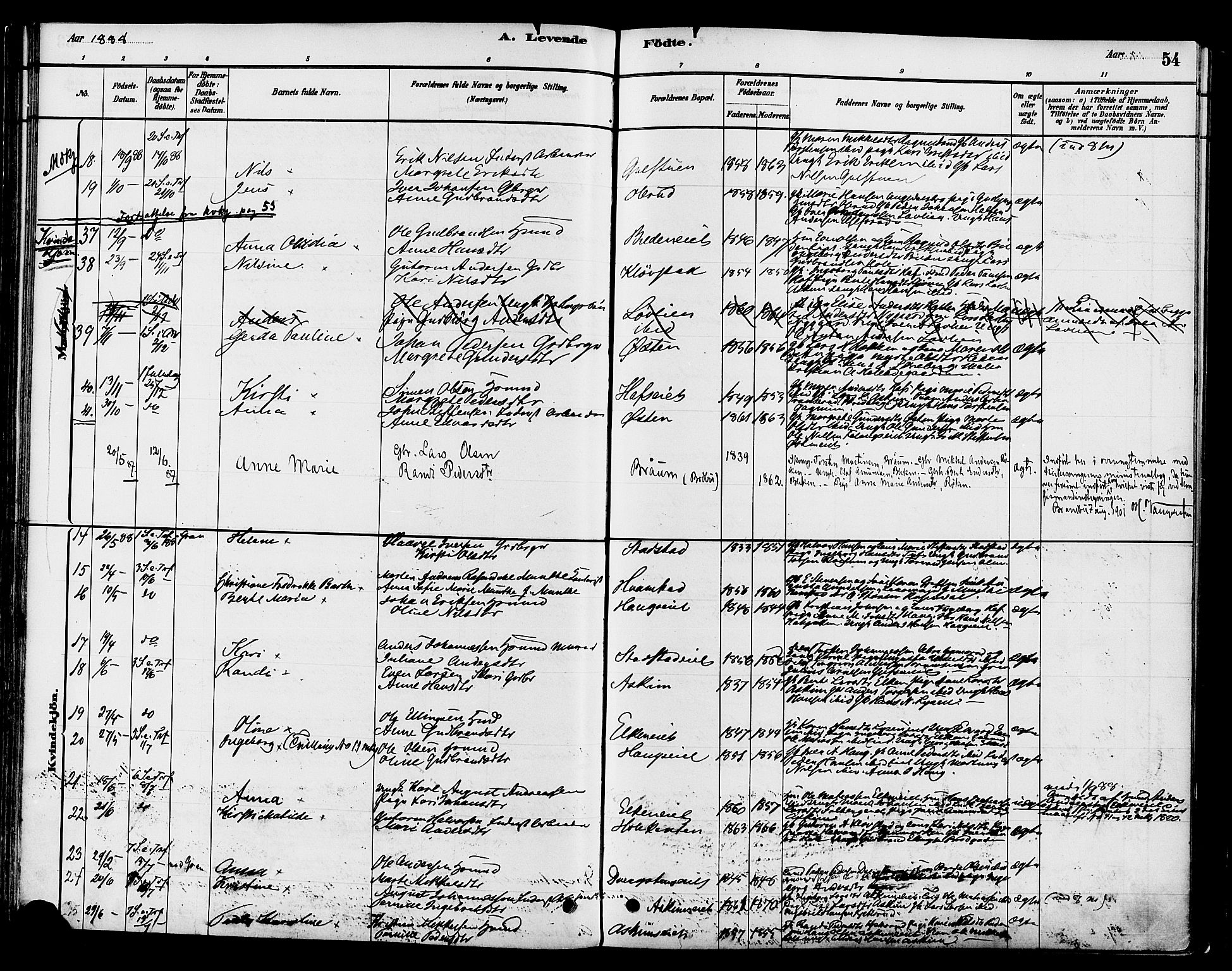 Gran prestekontor, AV/SAH-PREST-112/H/Ha/Haa/L0016: Parish register (official) no. 16, 1880-1888, p. 54