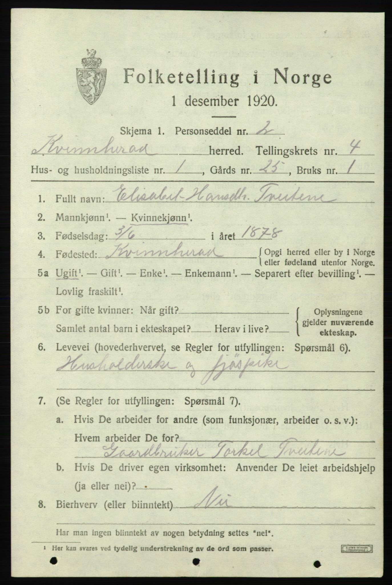 SAB, 1920 census for Kvinnherad, 1920, p. 5106