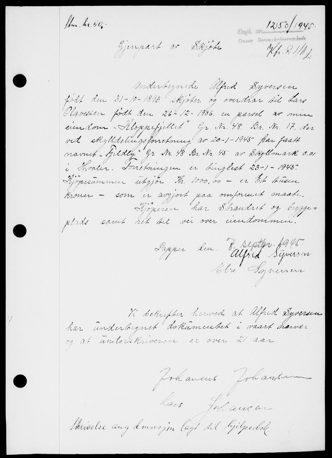 Onsøy sorenskriveri, SAO/A-10474/G/Ga/Gab/L0015: Mortgage book no. II A-15, 1945-1946, Diary no: : 1250/1945