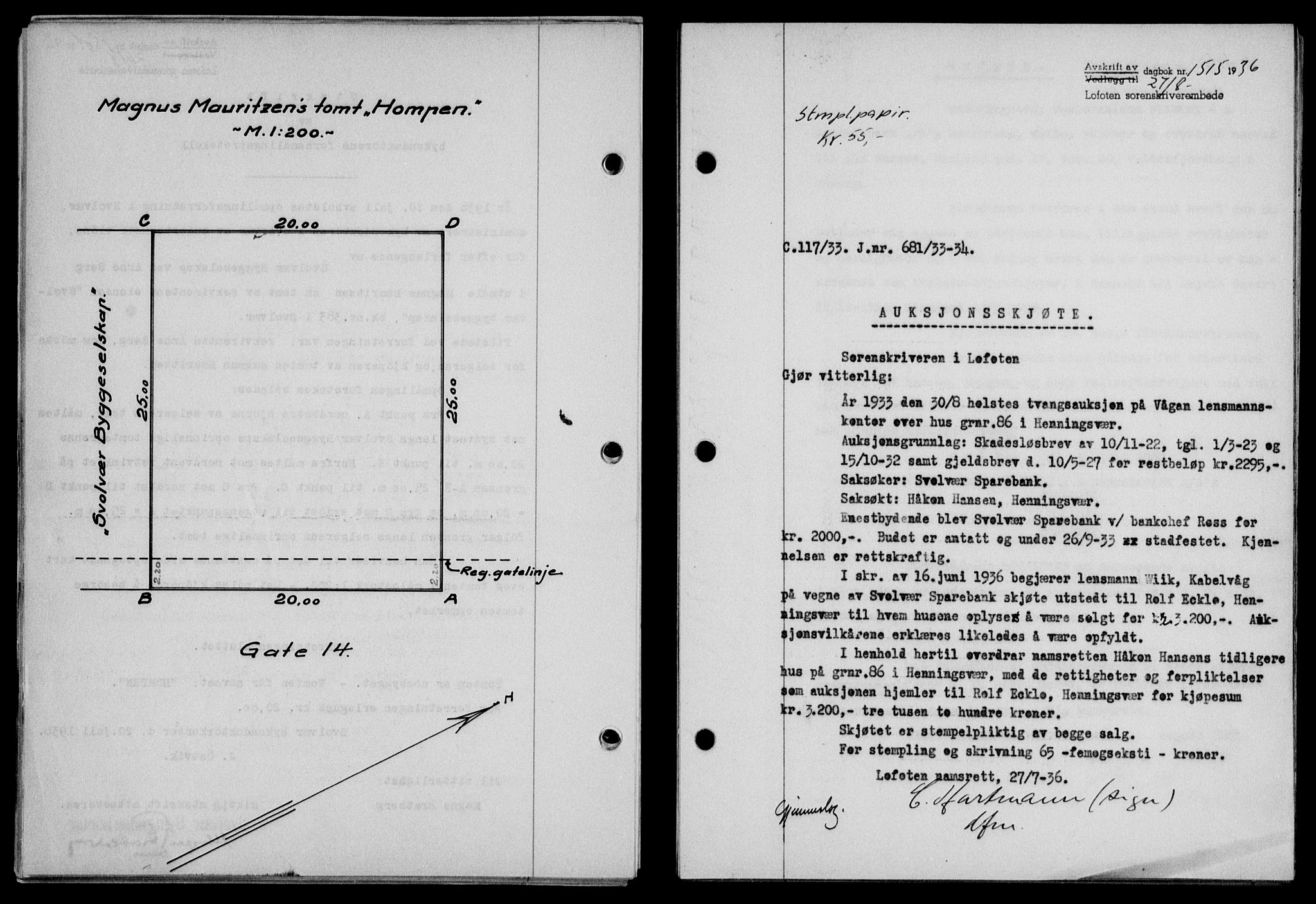 Lofoten sorenskriveri, SAT/A-0017/1/2/2C/L0001a: Mortgage book no. 1a, 1936-1937, Diary no: : 1515/1936