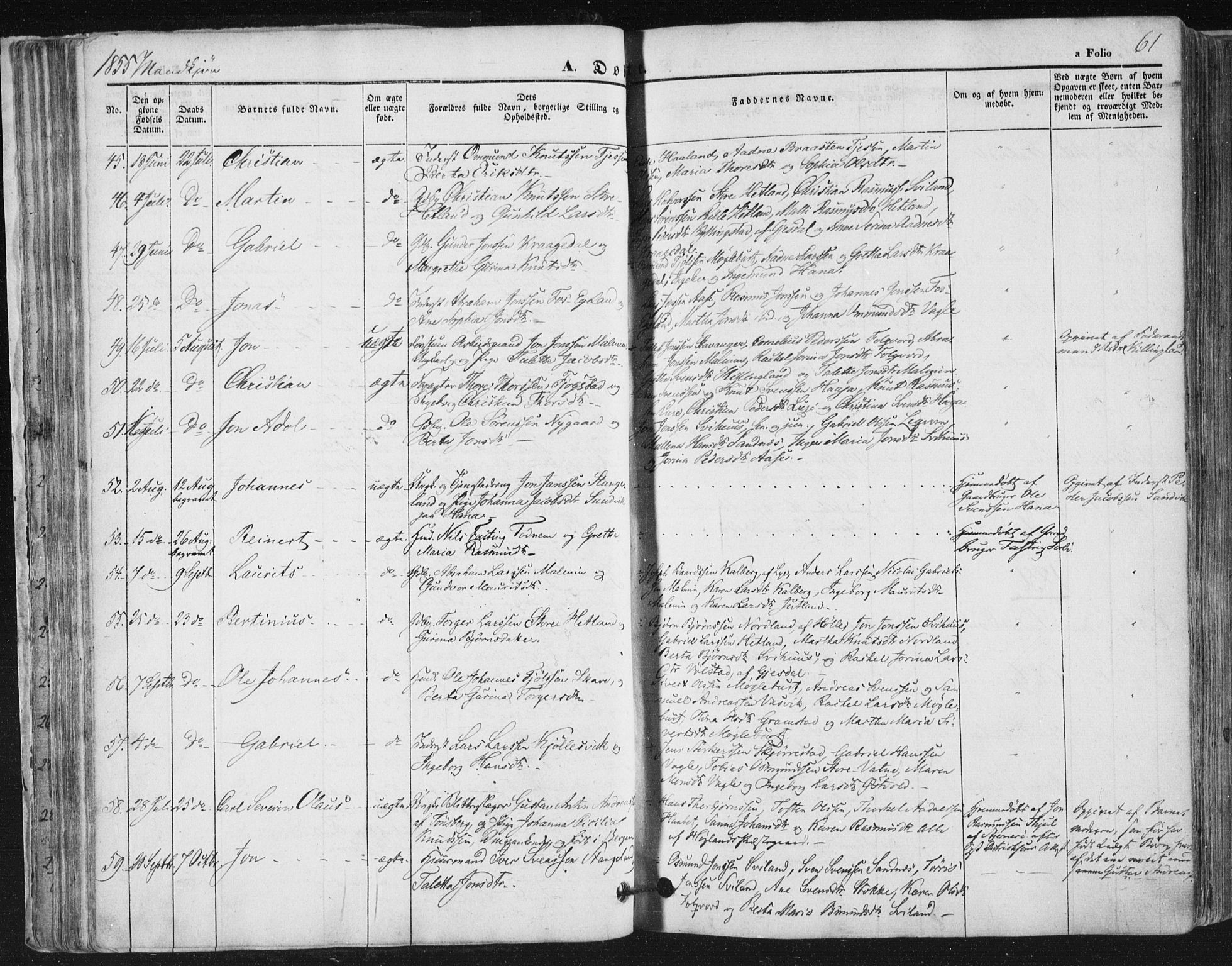 Høyland sokneprestkontor, AV/SAST-A-101799/001/30BA/L0008: Parish register (official) no. A 8, 1841-1856, p. 61