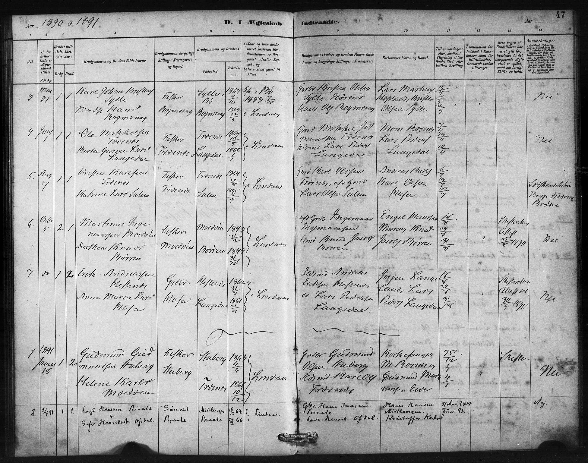 Lindås Sokneprestembete, SAB/A-76701/H/Haa: Parish register (official) no. D 1, 1886-1896, p. 47