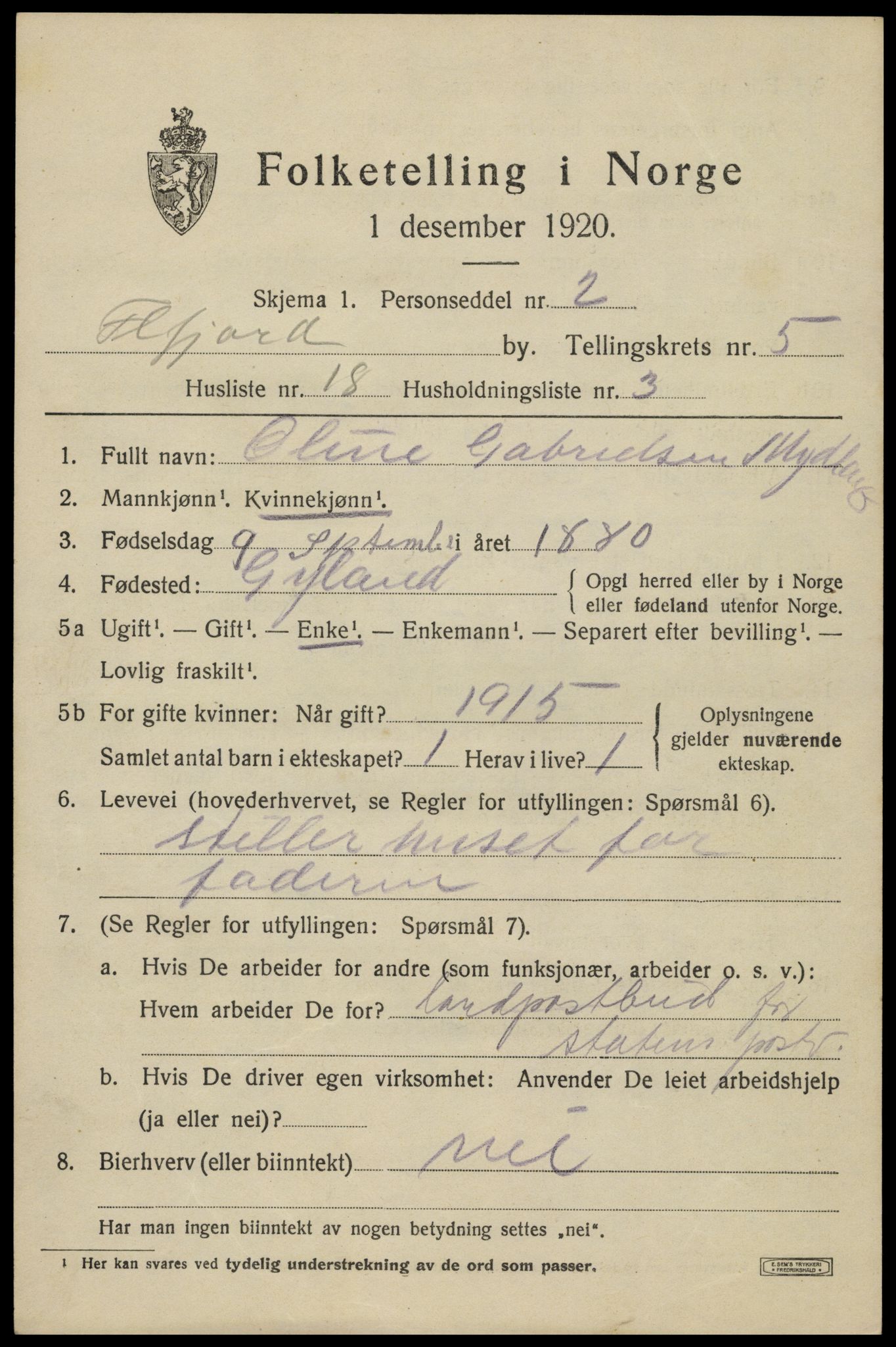 SAK, 1920 census for Flekkefjord, 1920, p. 5442