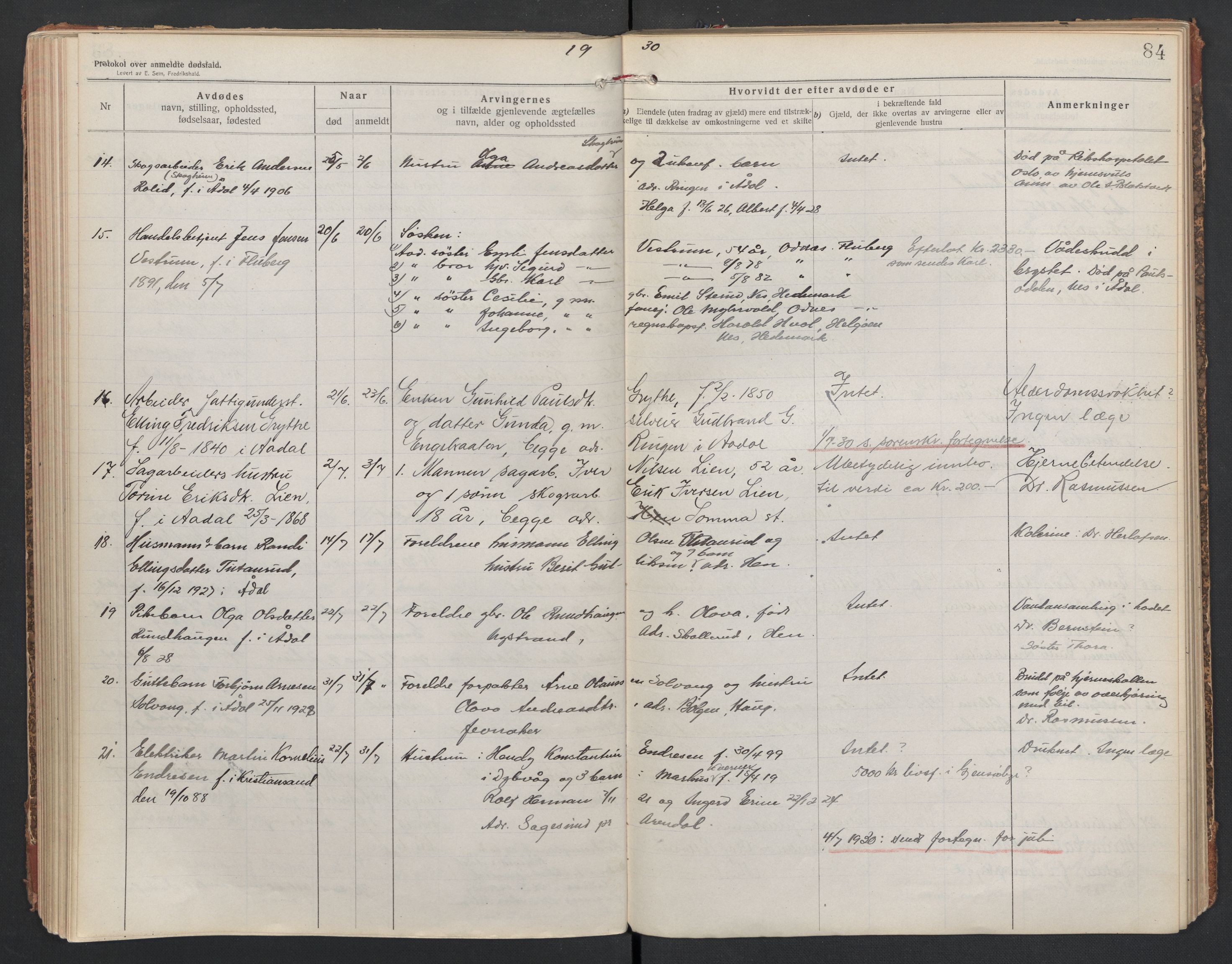Ådal lensmannskontor, SAKO/A-518/H/Ha/L0001/0002: Dødsfallsprotokoll  / Dødsfallsprotokoll 2, 1919-1942, p. 84