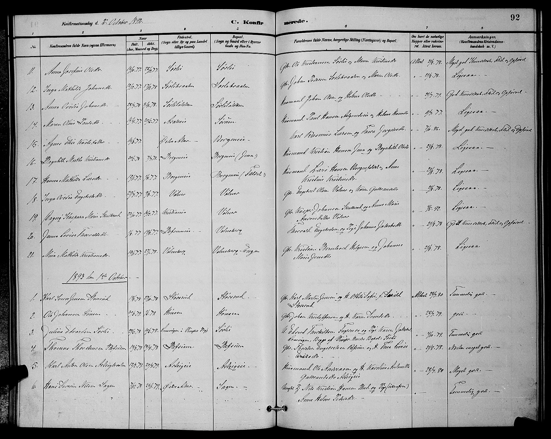 Sørum prestekontor Kirkebøker, SAO/A-10303/G/Ga/L0005: Parish register (copy) no. I 5.1, 1886-1894, p. 92