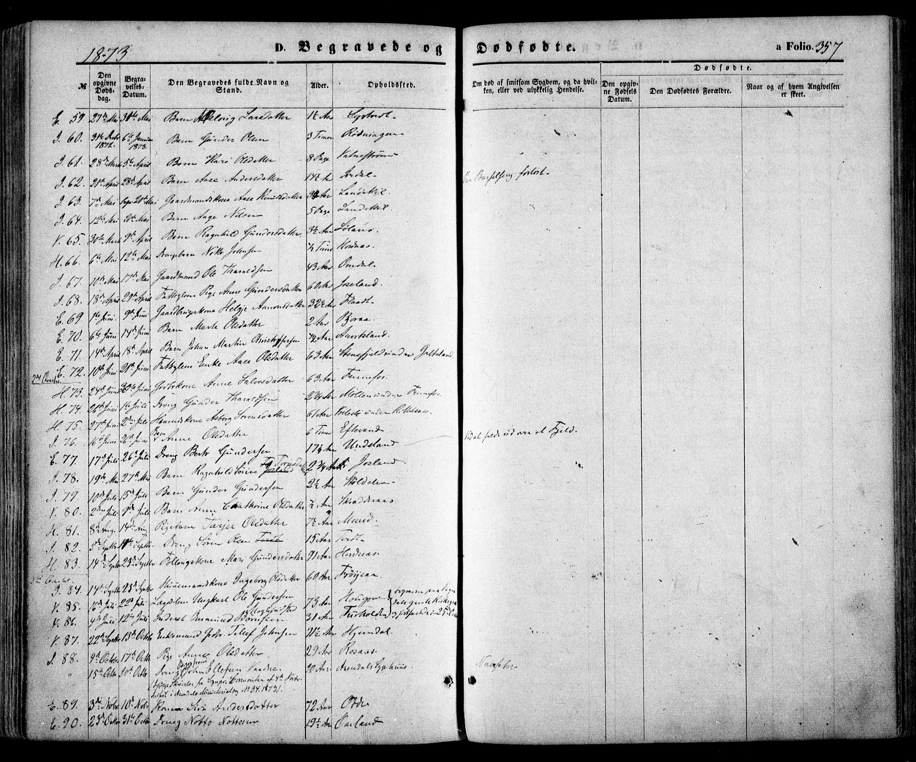 Evje sokneprestkontor, AV/SAK-1111-0008/F/Fa/Faa/L0006: Parish register (official) no. A 6, 1866-1884, p. 357