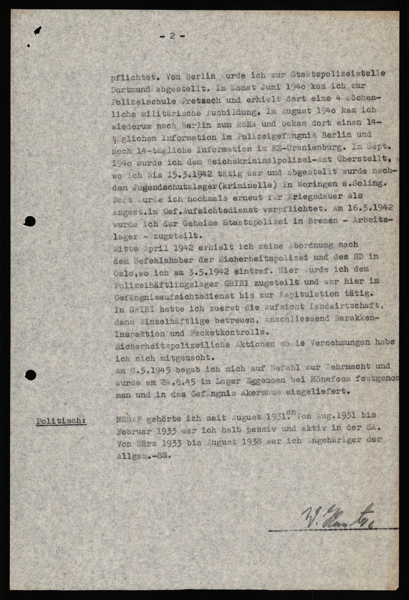 Forsvaret, Forsvarets overkommando II, AV/RA-RAFA-3915/D/Db/L0018: CI Questionaires. Tyske okkupasjonsstyrker i Norge. Tyskere., 1945-1946, p. 495