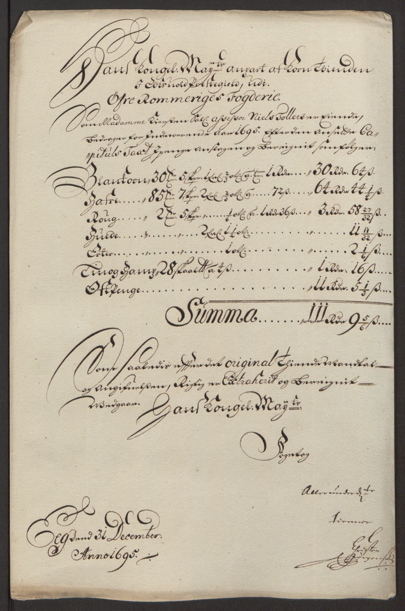 Rentekammeret inntil 1814, Reviderte regnskaper, Fogderegnskap, RA/EA-4092/R12/L0707: Fogderegnskap Øvre Romerike, 1695, p. 50