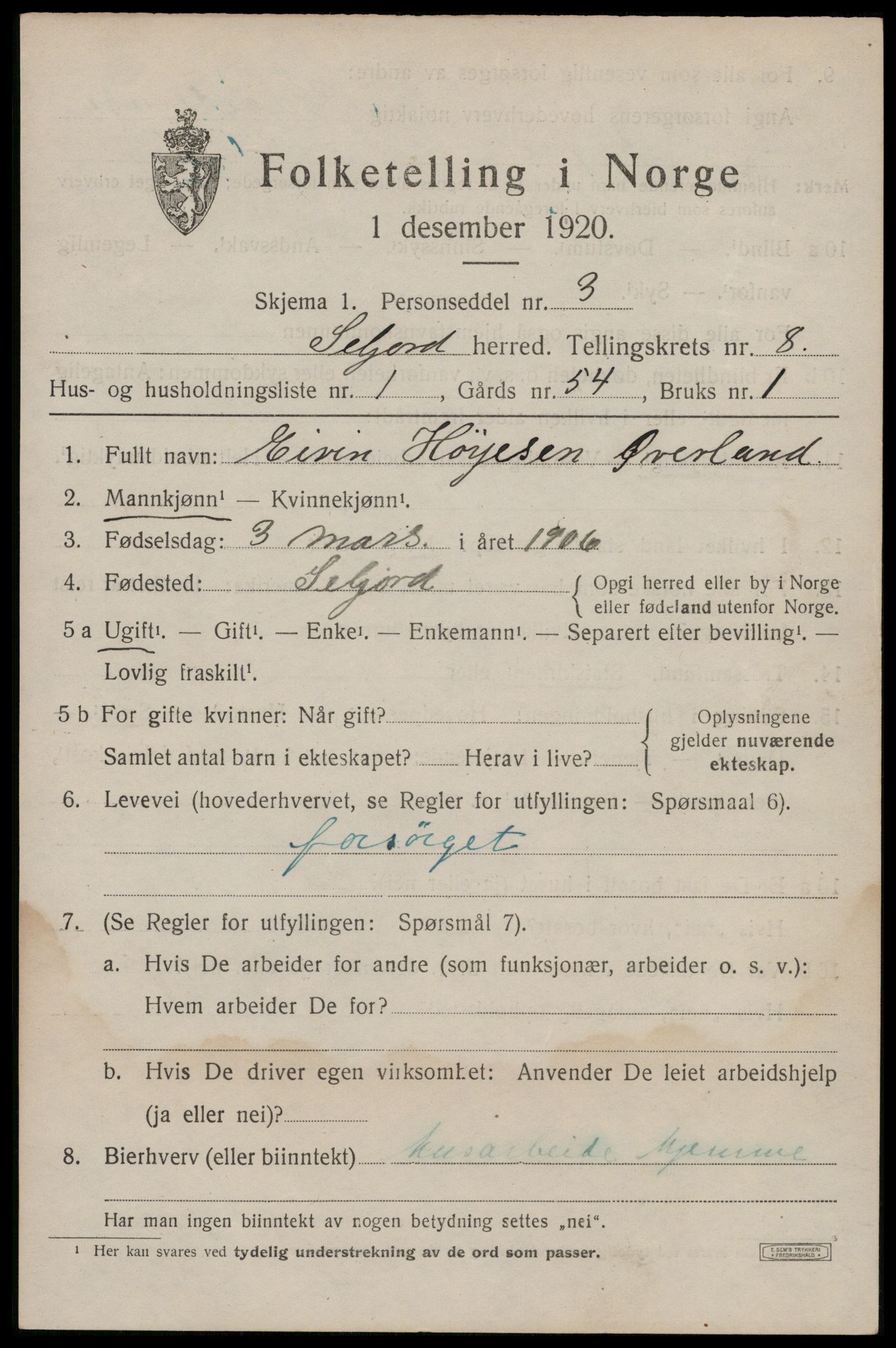 SAKO, 1920 census for Seljord, 1920, p. 3900