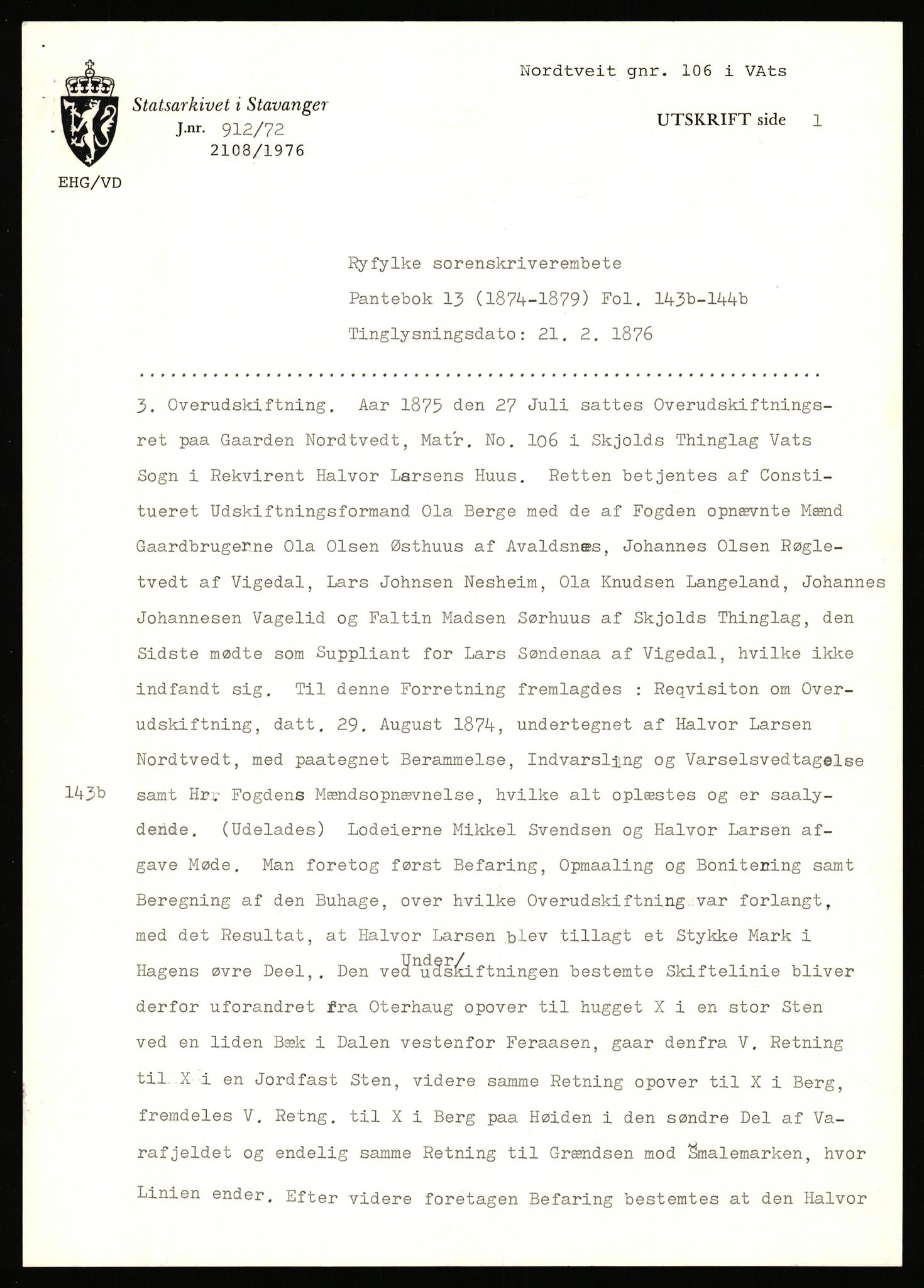 Statsarkivet i Stavanger, AV/SAST-A-101971/03/Y/Yj/L0063: Avskrifter sortert etter gårdsnavn: Nordbraud - Nordvik, 1750-1930, p. 507