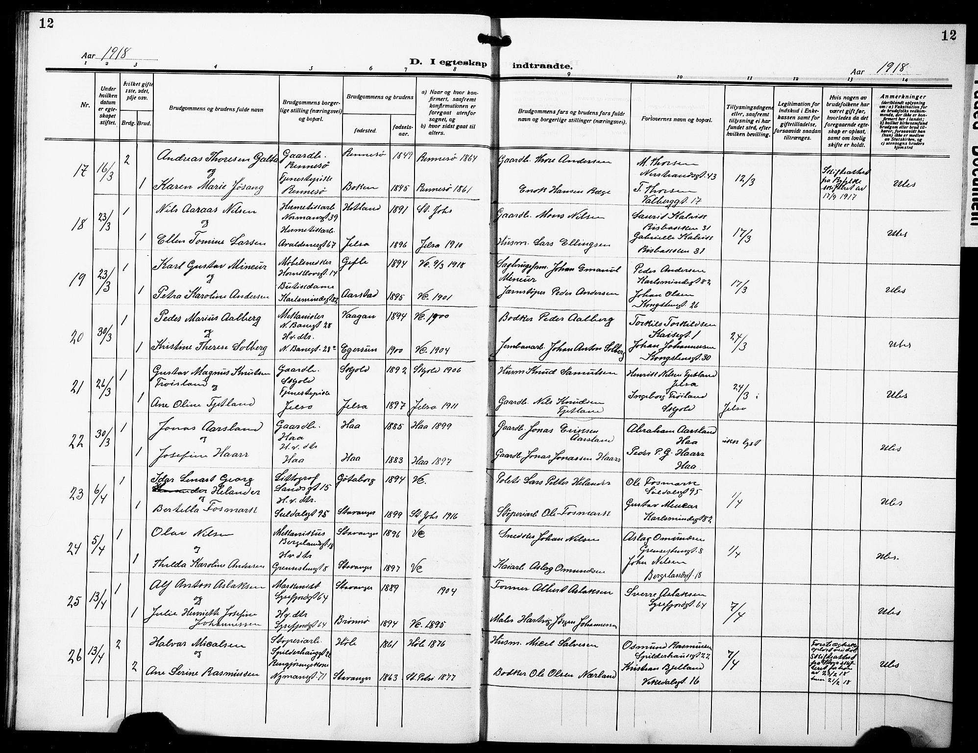 St. Johannes sokneprestkontor, AV/SAST-A-101814/001/30/30BB/L0007: Parish register (copy) no. B 7, 1917-1932, p. 12