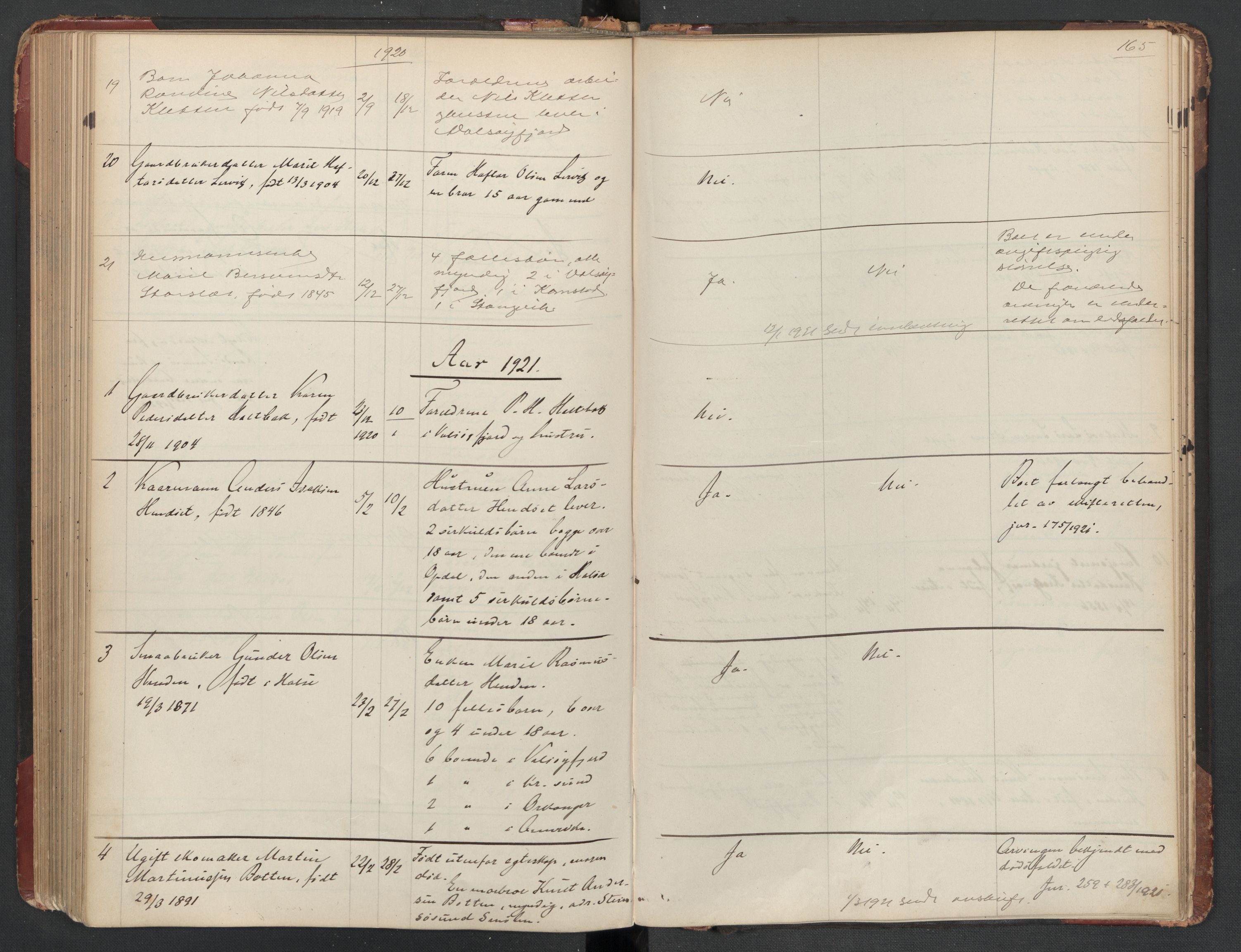 Aure lensmannskontor, SAT/A-1088/1/02/L0003: 2.01.03 Dødsfallsprotokoll, 1906-1926, p. 165