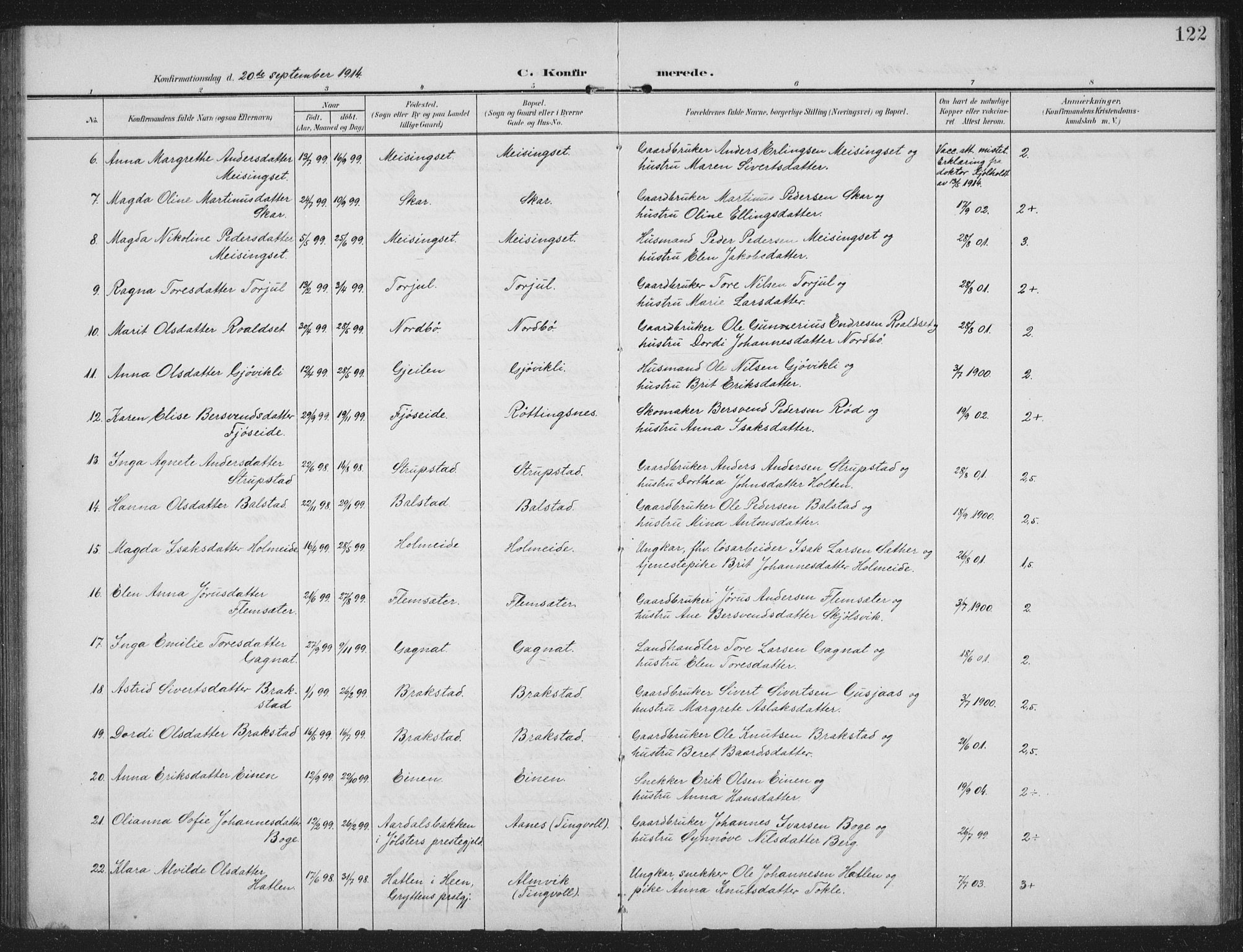 Ministerialprotokoller, klokkerbøker og fødselsregistre - Møre og Romsdal, AV/SAT-A-1454/586/L0989: Parish register (official) no. 586A15, 1906-1915, p. 122