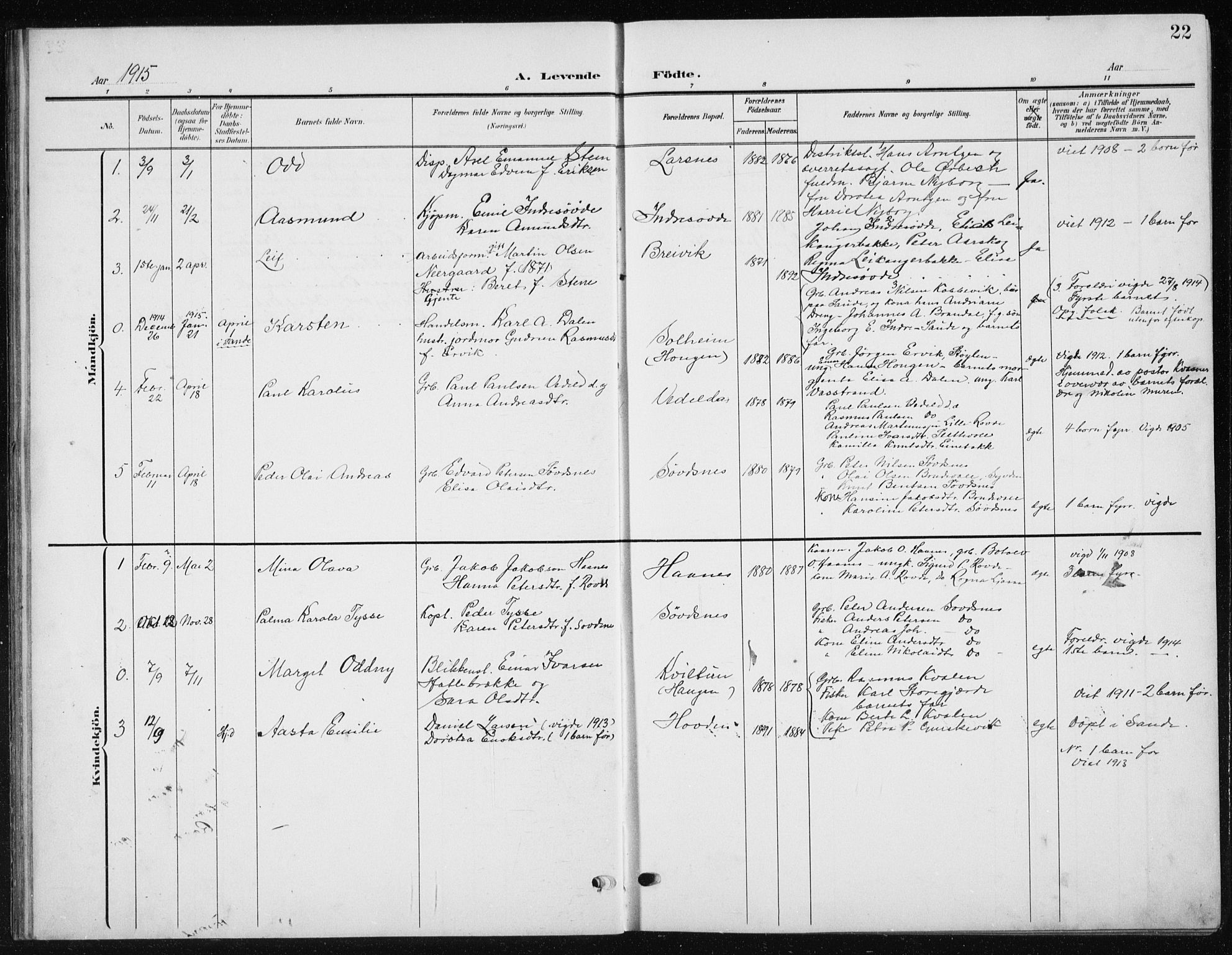 Ministerialprotokoller, klokkerbøker og fødselsregistre - Møre og Romsdal, SAT/A-1454/504/L0061: Parish register (copy) no. 504C03, 1902-1940, p. 22
