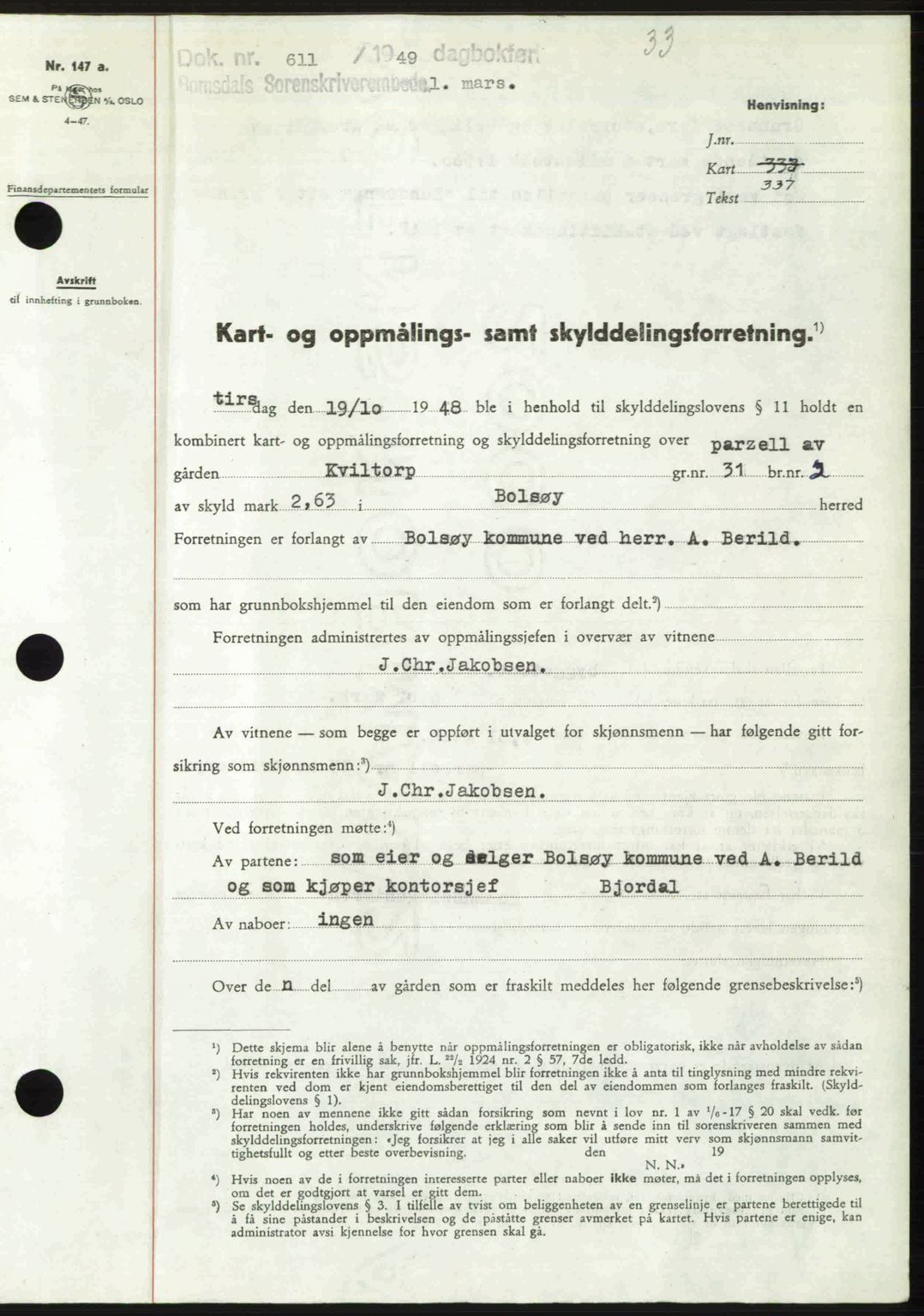 Romsdal sorenskriveri, AV/SAT-A-4149/1/2/2C: Mortgage book no. A29, 1949-1949, Diary no: : 611/1949