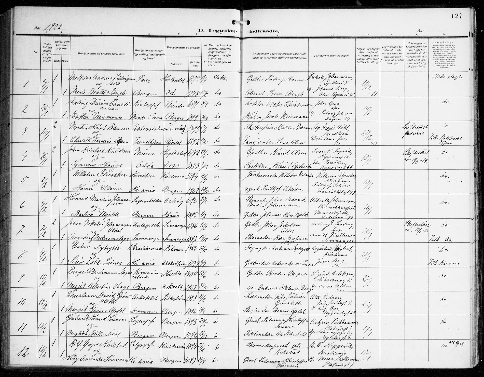 Johanneskirken sokneprestembete, AV/SAB-A-76001/H/Haa/L0013: Parish register (official) no. D 2, 1912-1929, p. 127