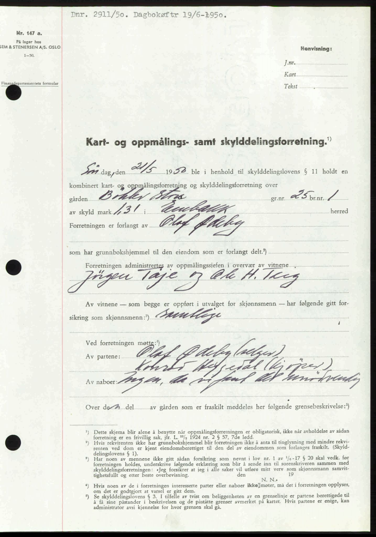 Nedre Romerike sorenskriveri, SAO/A-10469/G/Gb/Gbd/L0030: Mortgage book no. 30, 1950-1950, Diary no: : 2911/1950