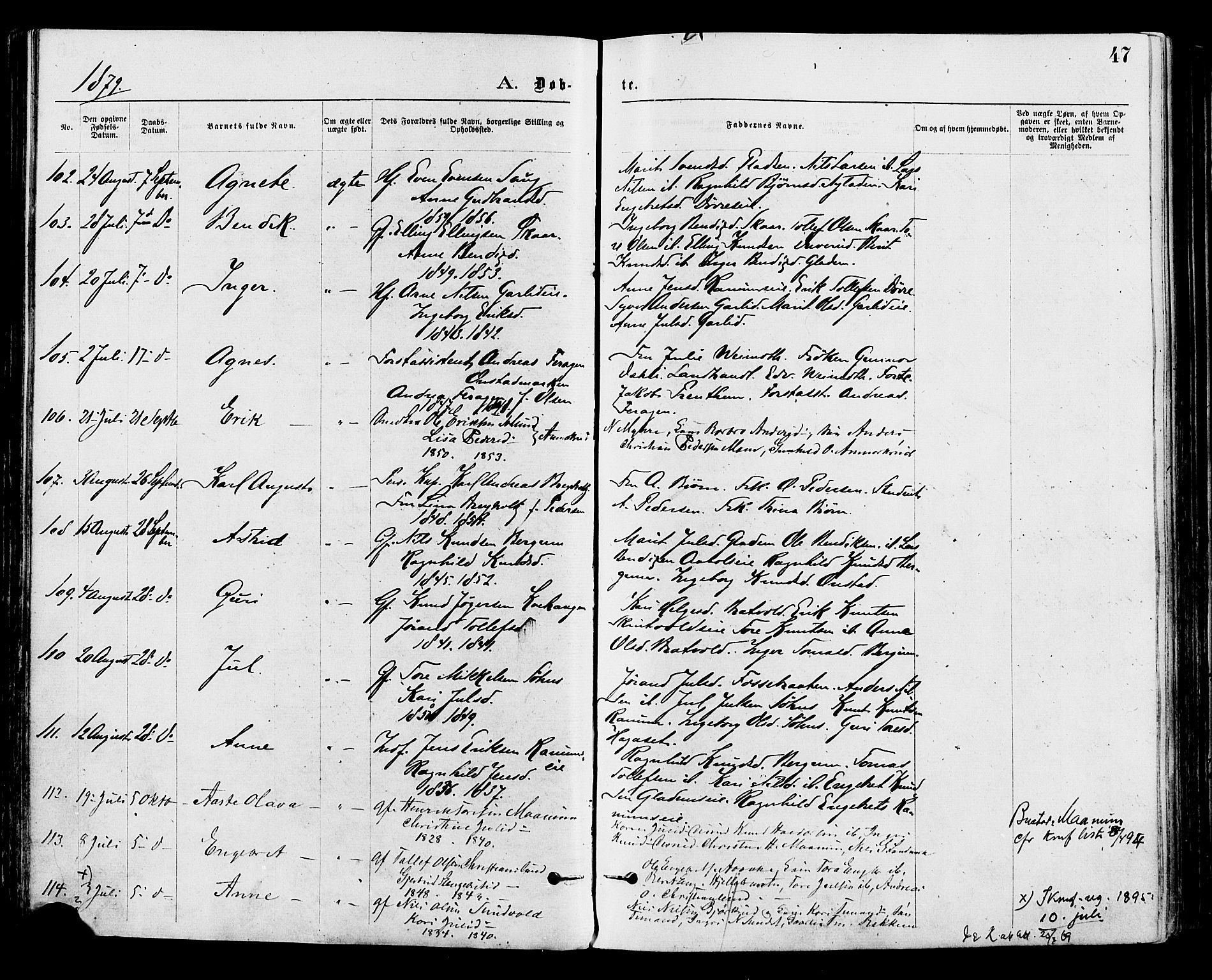 Nord-Aurdal prestekontor, SAH/PREST-132/H/Ha/Haa/L0009: Parish register (official) no. 9, 1876-1882, p. 47