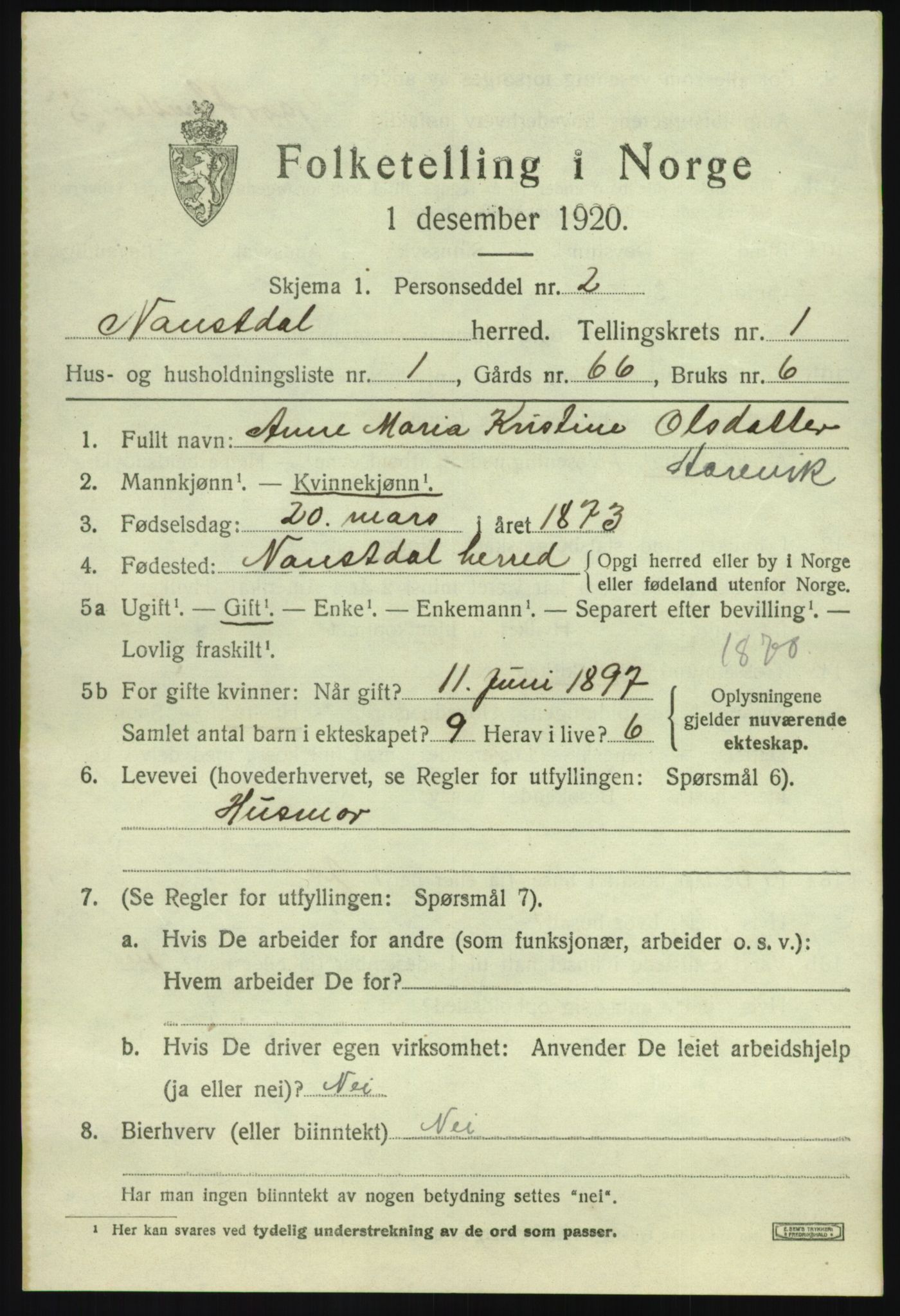 SAB, 1920 census for Naustdal, 1920, p. 865