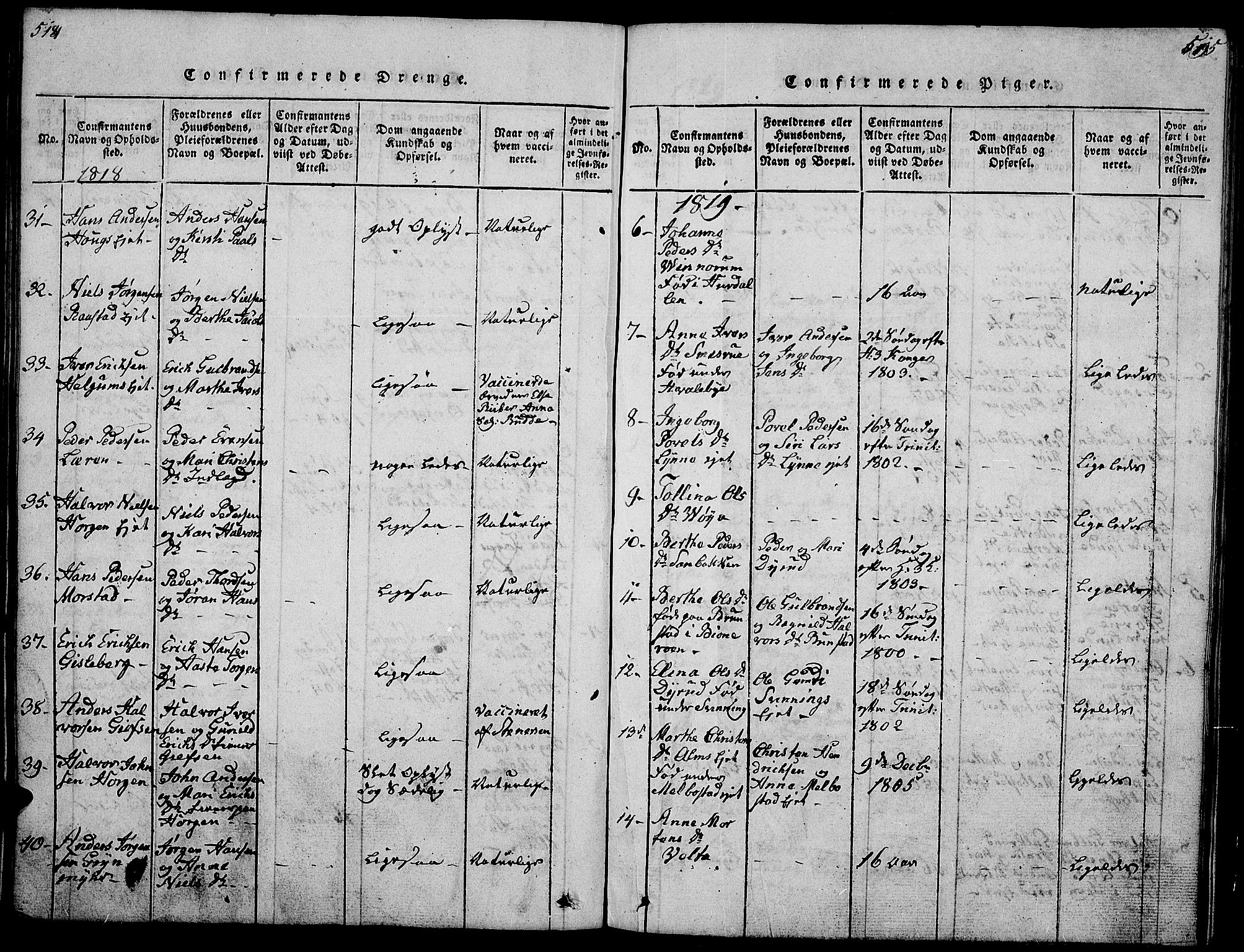 Gran prestekontor, SAH/PREST-112/H/Ha/Hab/L0001: Parish register (copy) no. 1, 1815-1824, p. 514-515