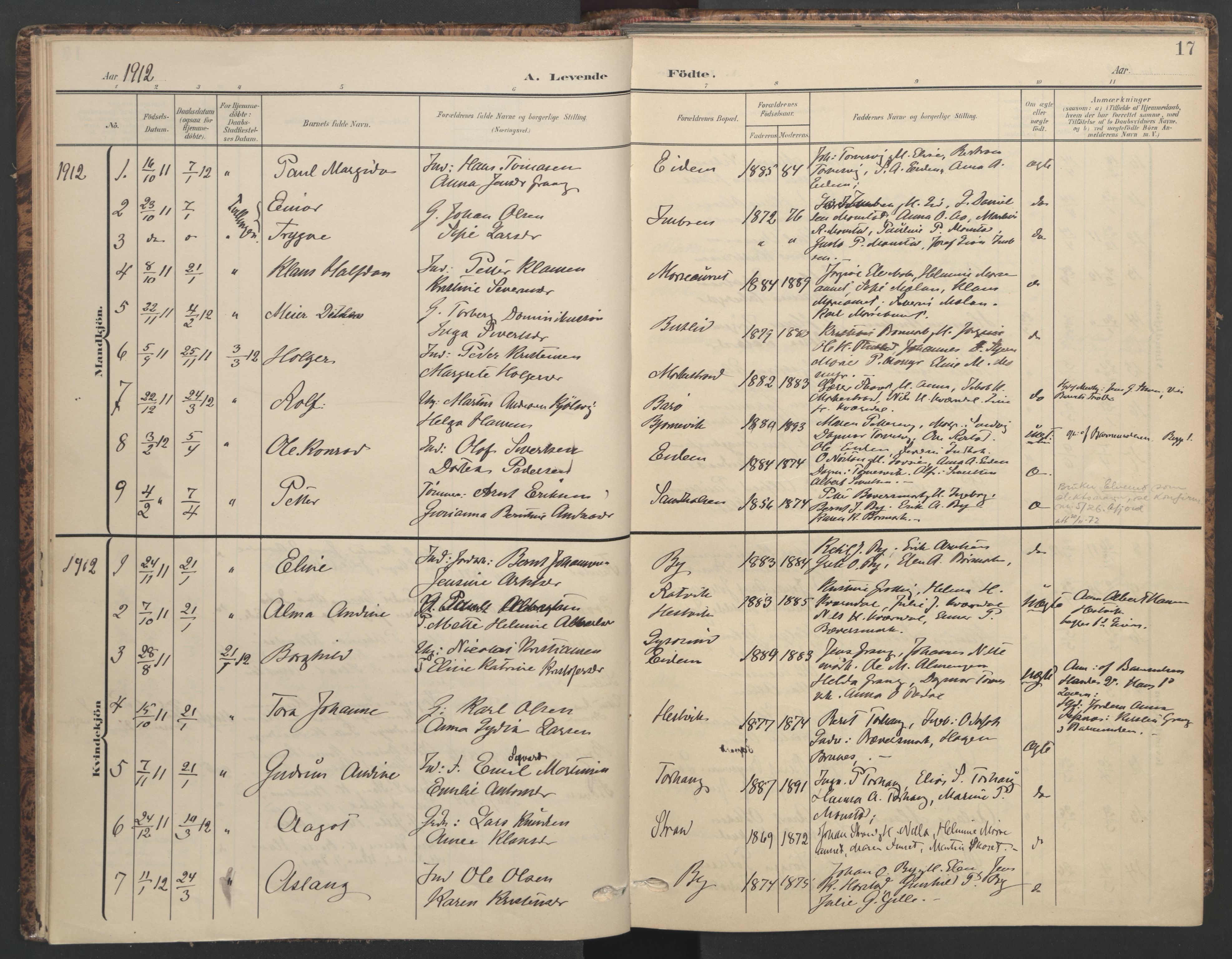 Ministerialprotokoller, klokkerbøker og fødselsregistre - Sør-Trøndelag, SAT/A-1456/655/L0682: Parish register (official) no. 655A11, 1908-1922, p. 17