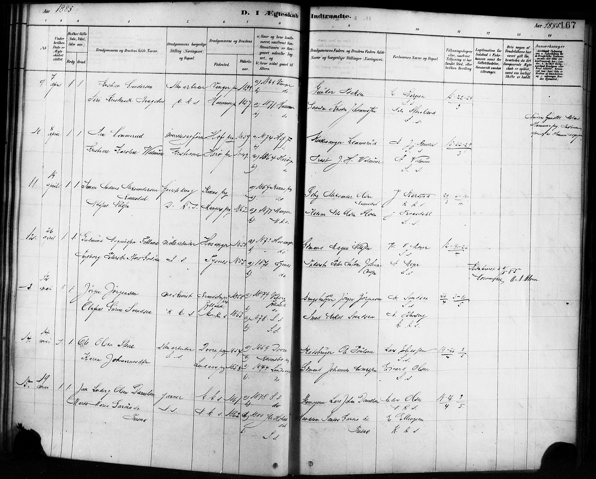 Sandviken Sokneprestembete, AV/SAB-A-77601/H/Ha/L0002: Parish register (official) no. A 2, 1878-1896, p. 167